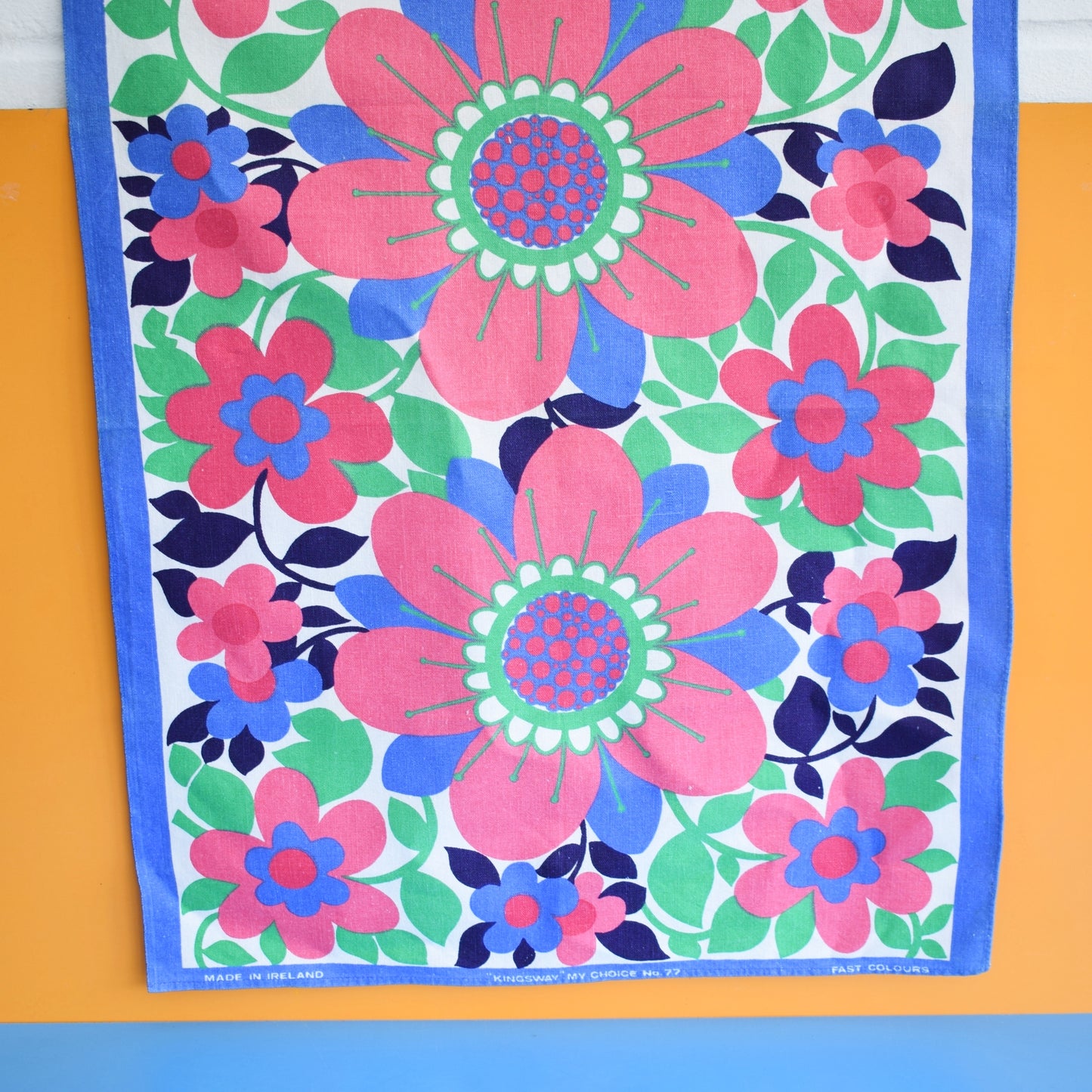 Vintage 1970s Tea Towel - Flower Power - Pink & Blue by Pineapple Retro