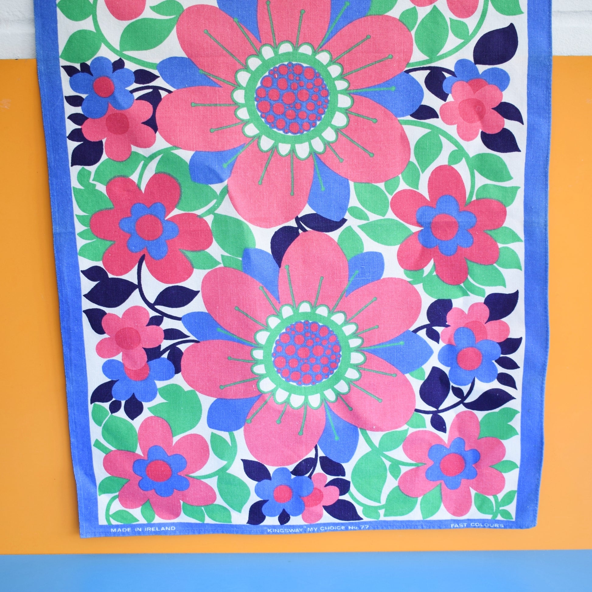 Vintage 1970s Tea Towel - Flower Power - Pink & Blue by Pineapple Retro