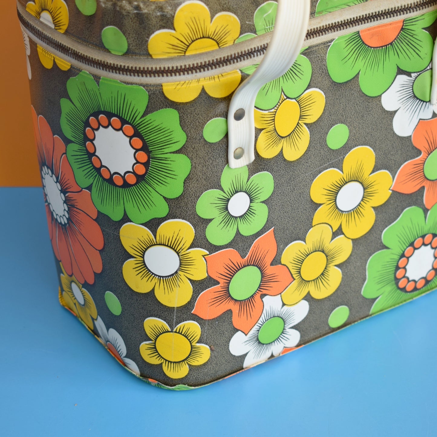 Vintage 1960s Vinyl Cool box or Bag - Flower Power - Green, Yellow & Orange by Vintage