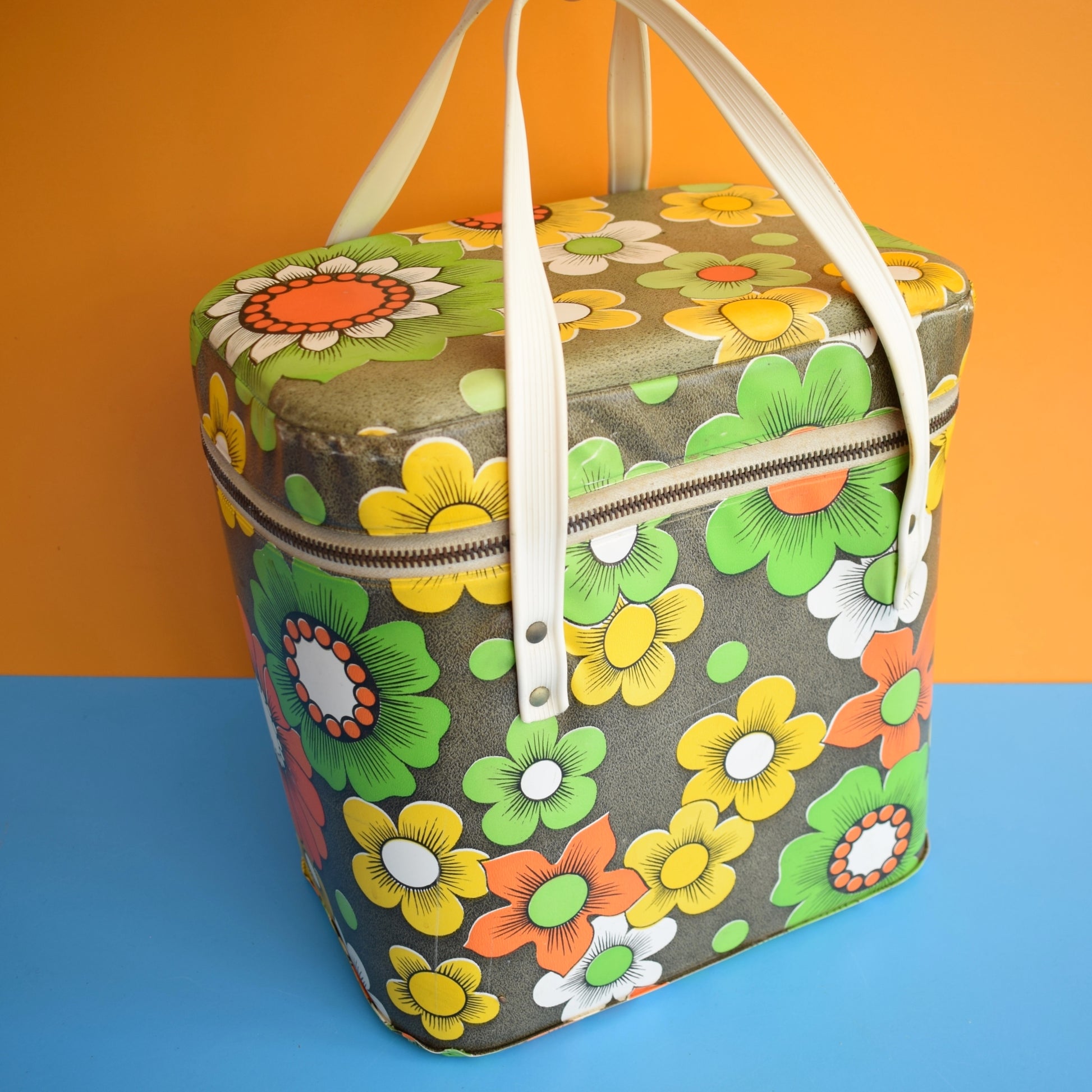 Vintage 1960s Vinyl Cool box or Bag - Flower Power - Green, Yellow & Orange by Vintage