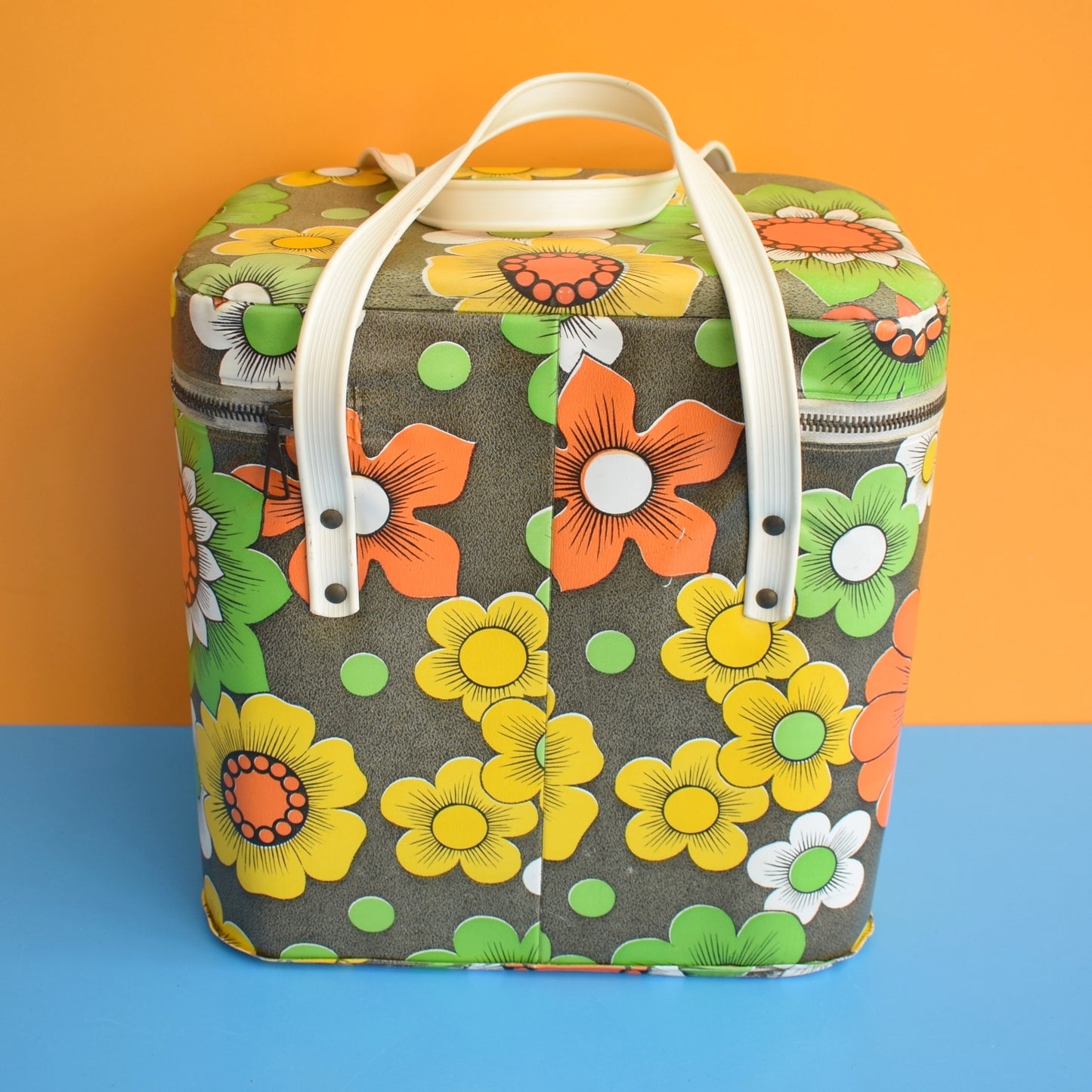 Vintage 1960s Vinyl Cool box or Bag - Flower Power - Green, Yellow & Orange by Vintage