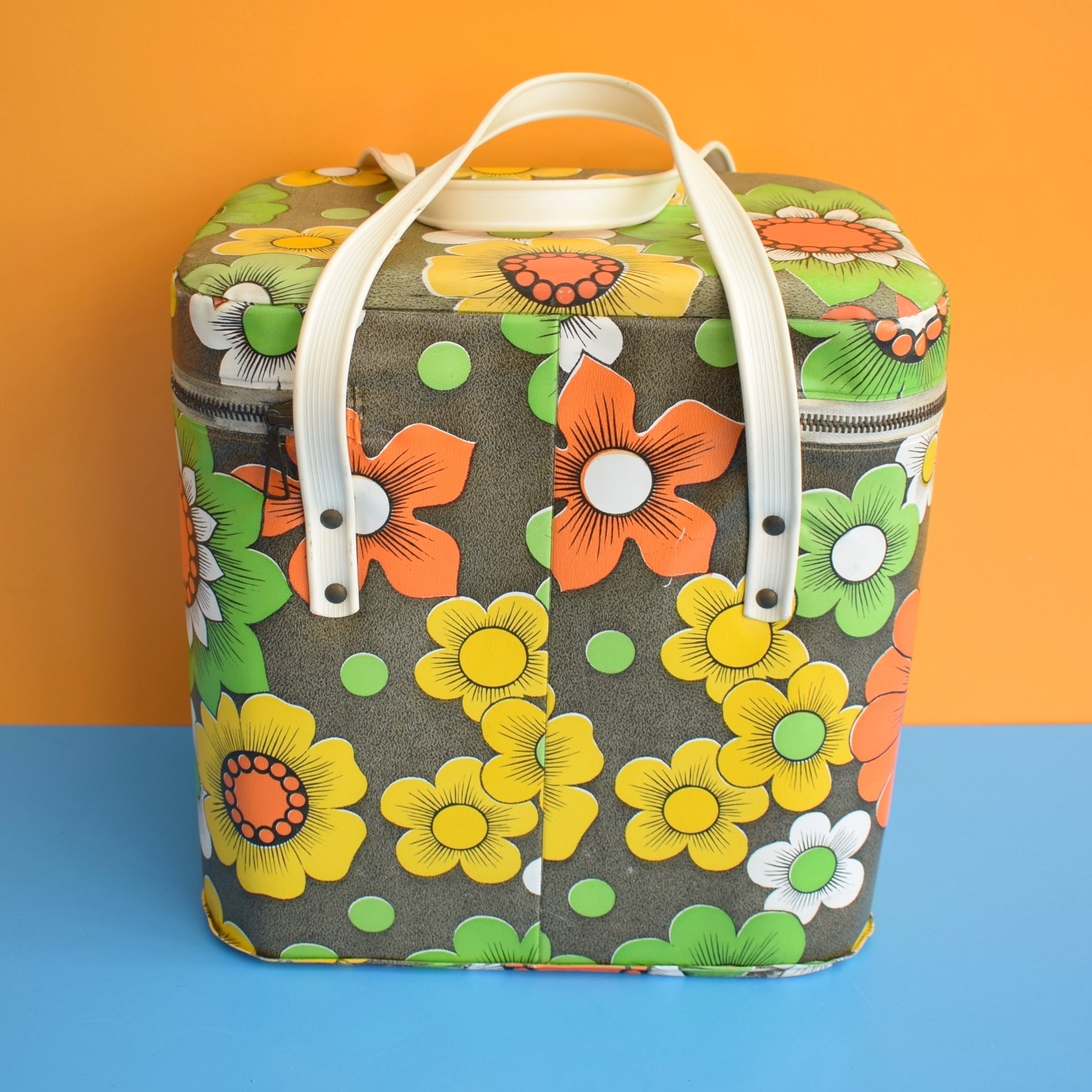 Vintage 1960s Vinyl Cool box or Bag - Flower Power - Green, Yellow & Orange by Vintage
