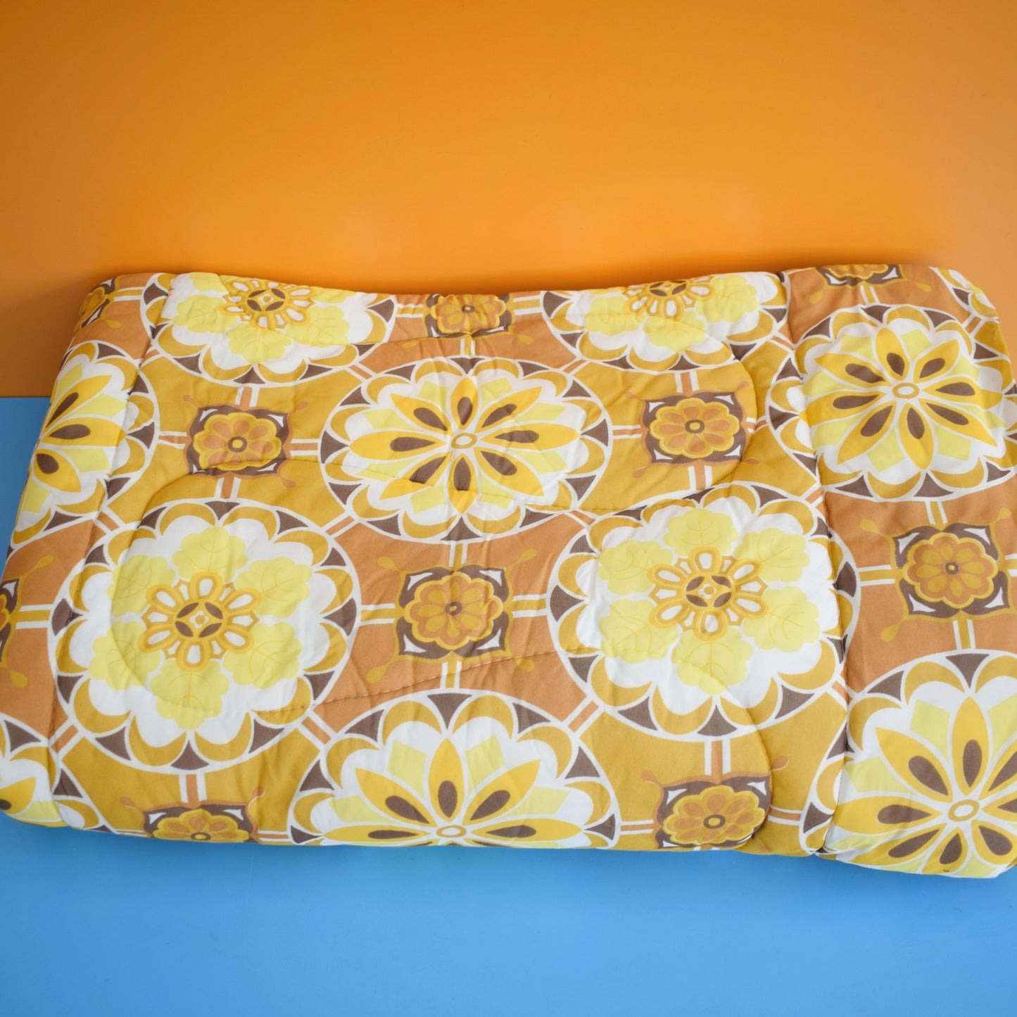 Vintage 1960s Eiderdown / Throw - Flower Power - Mustard Yellow / Brown by Vintage