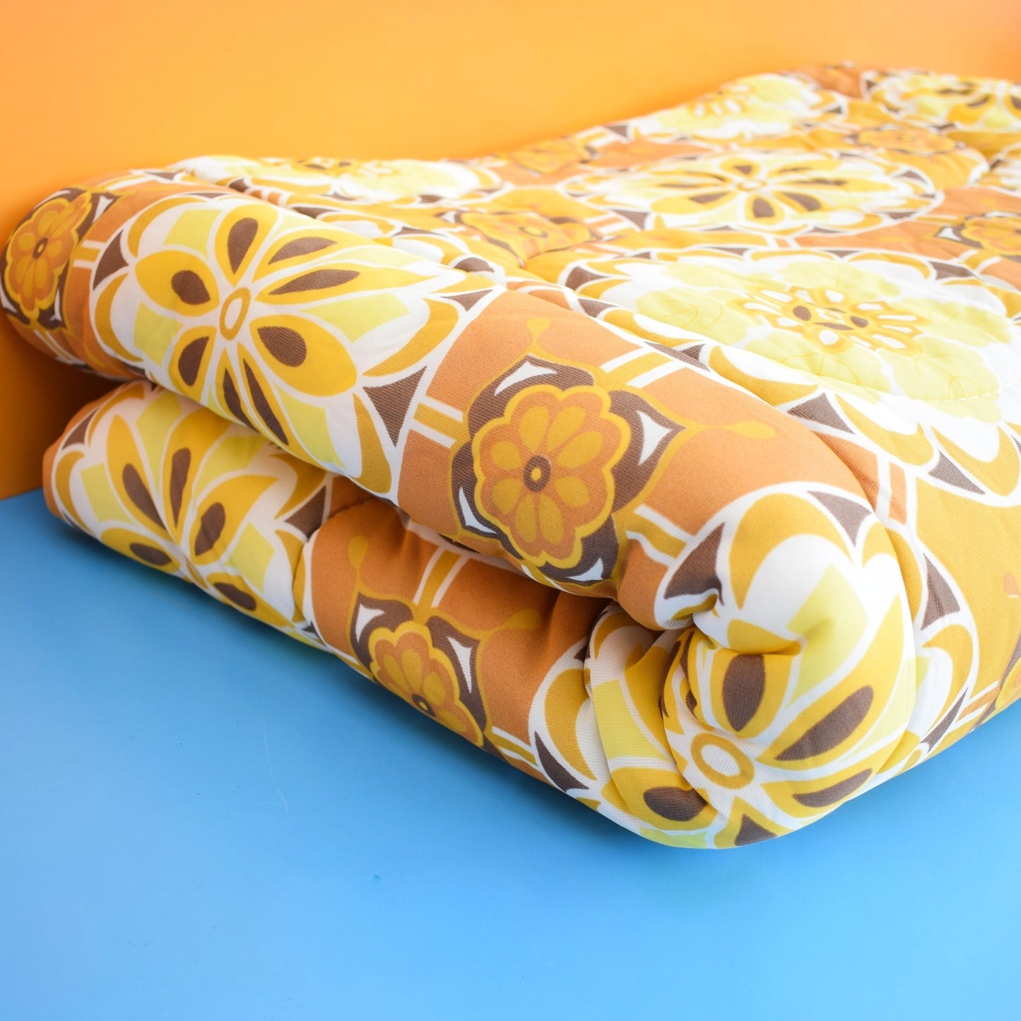 Vintage 1960s Eiderdown / Throw - Flower Power - Mustard Yellow / Brown by Vintage