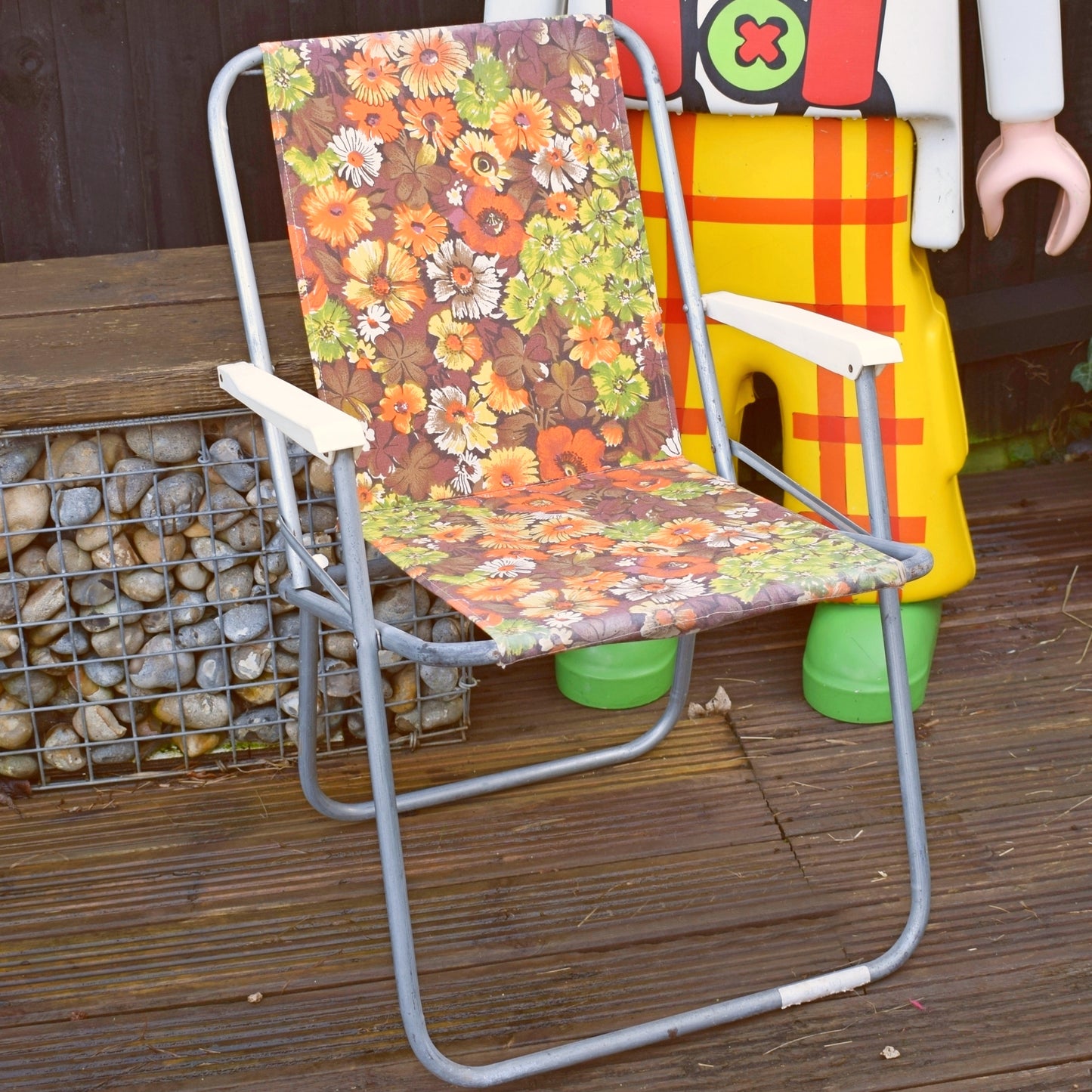 Vintage 1970s Garden Chair - Floral - Orange Brown Green