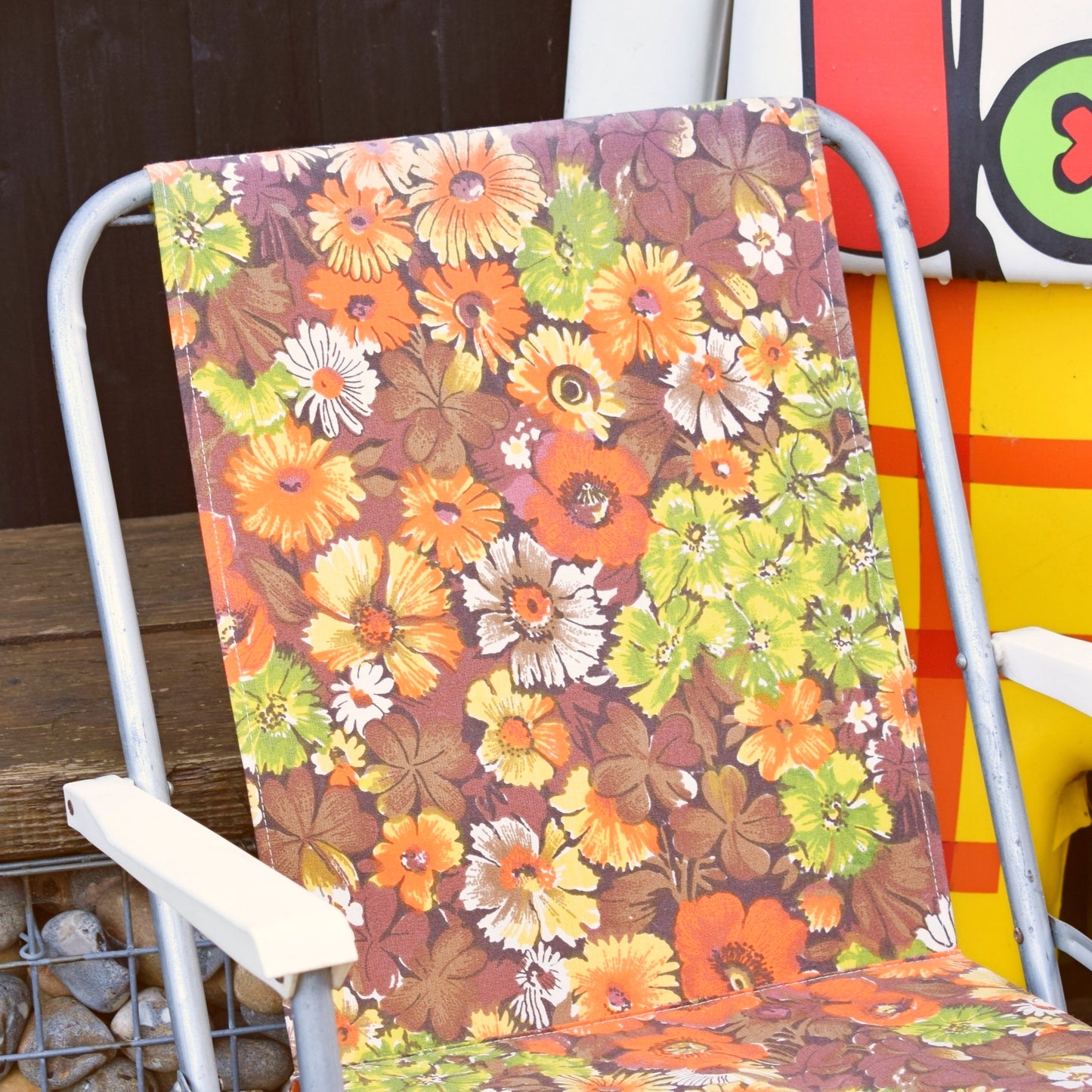 Vintage 1970s Garden Chair - Floral - Orange Brown Green