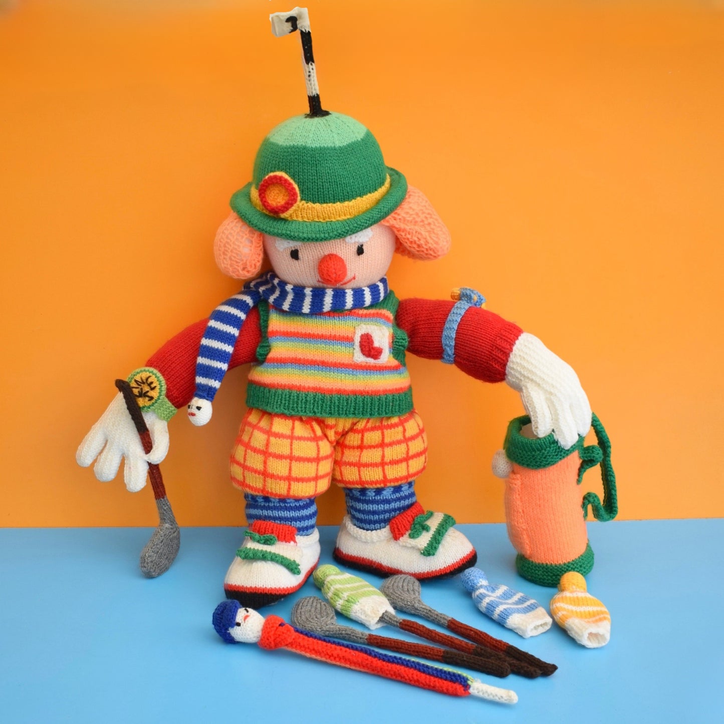 Vintage 1990s Knitted Binky Bunker Golfer Toy (Jean Greenhowe pattern)
