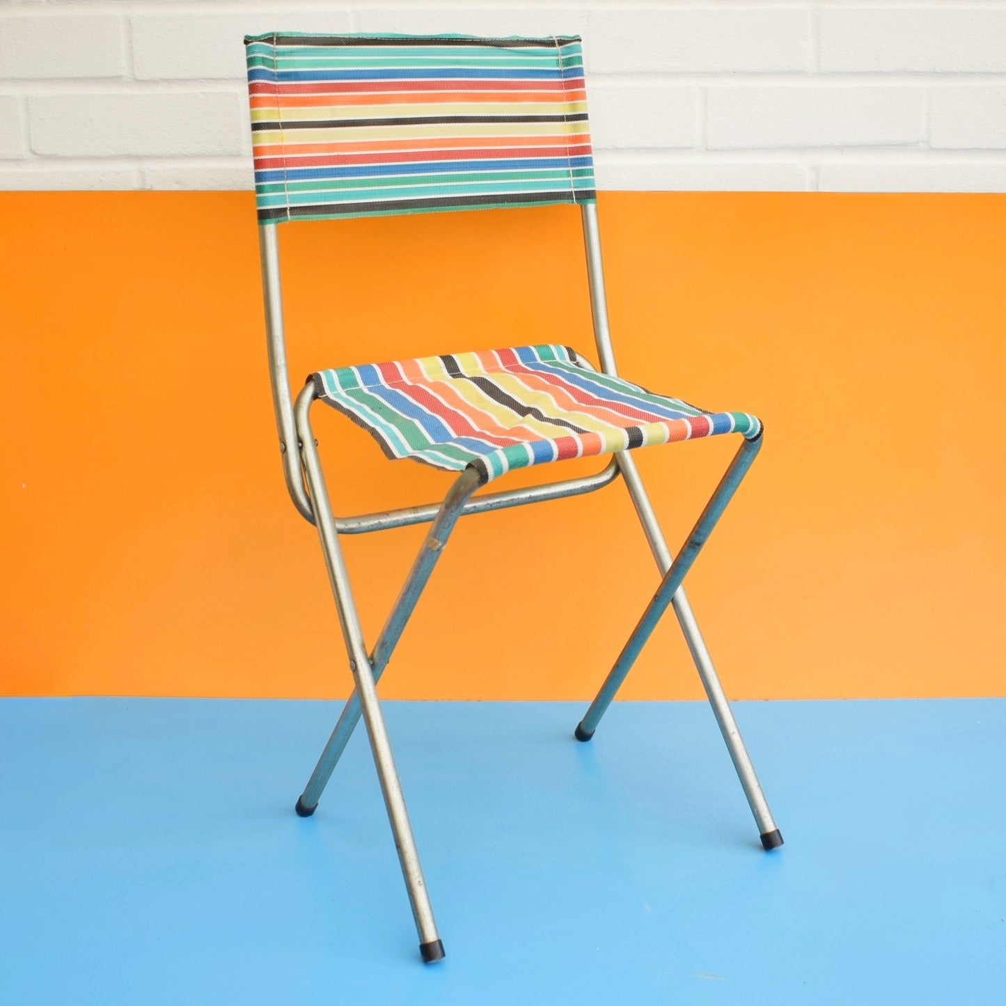 Vintage 1960s Striped Nylon Folding Stool / Chair - Rainbow