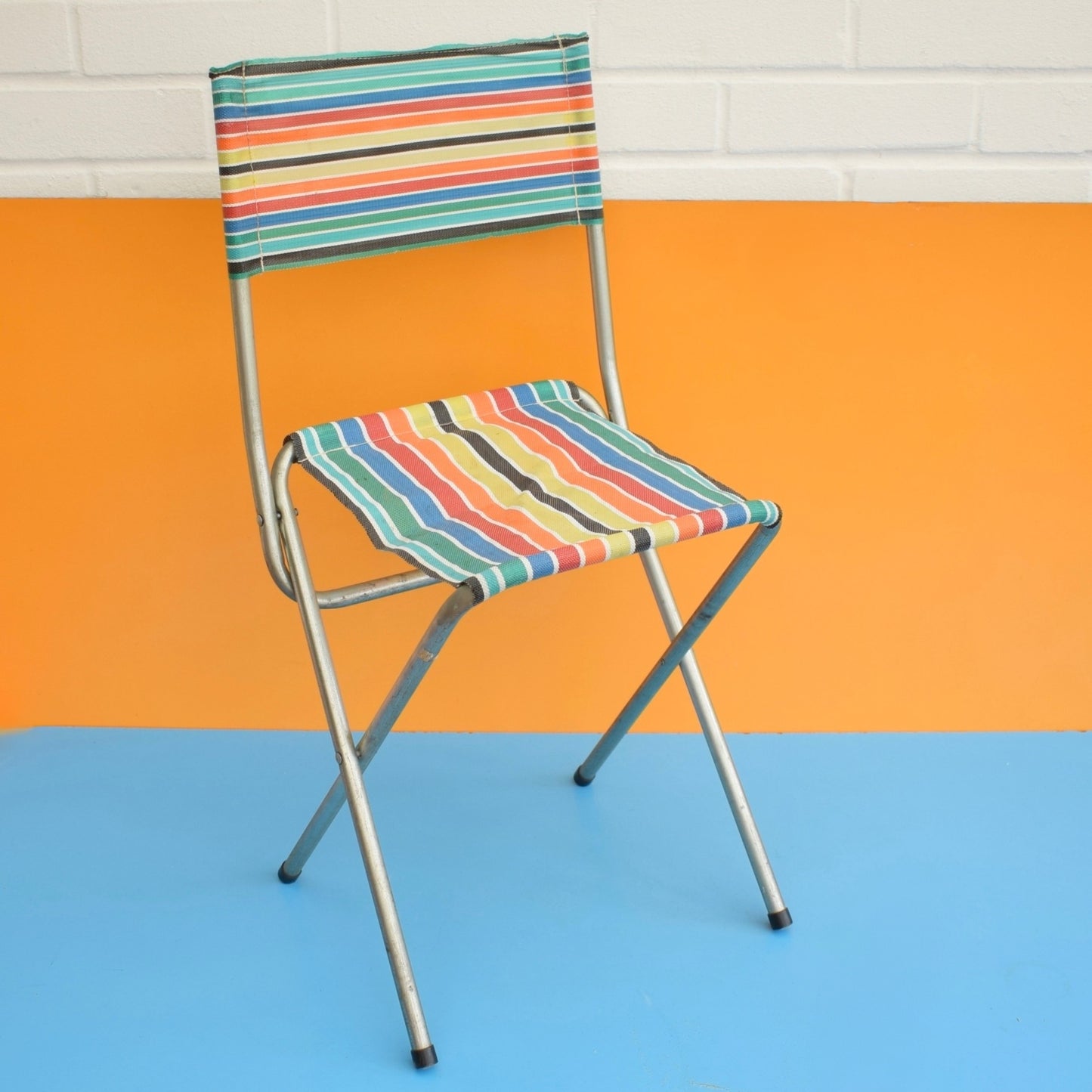 Vintage 1960s Striped Nylon Folding Stool / Chair - Rainbow