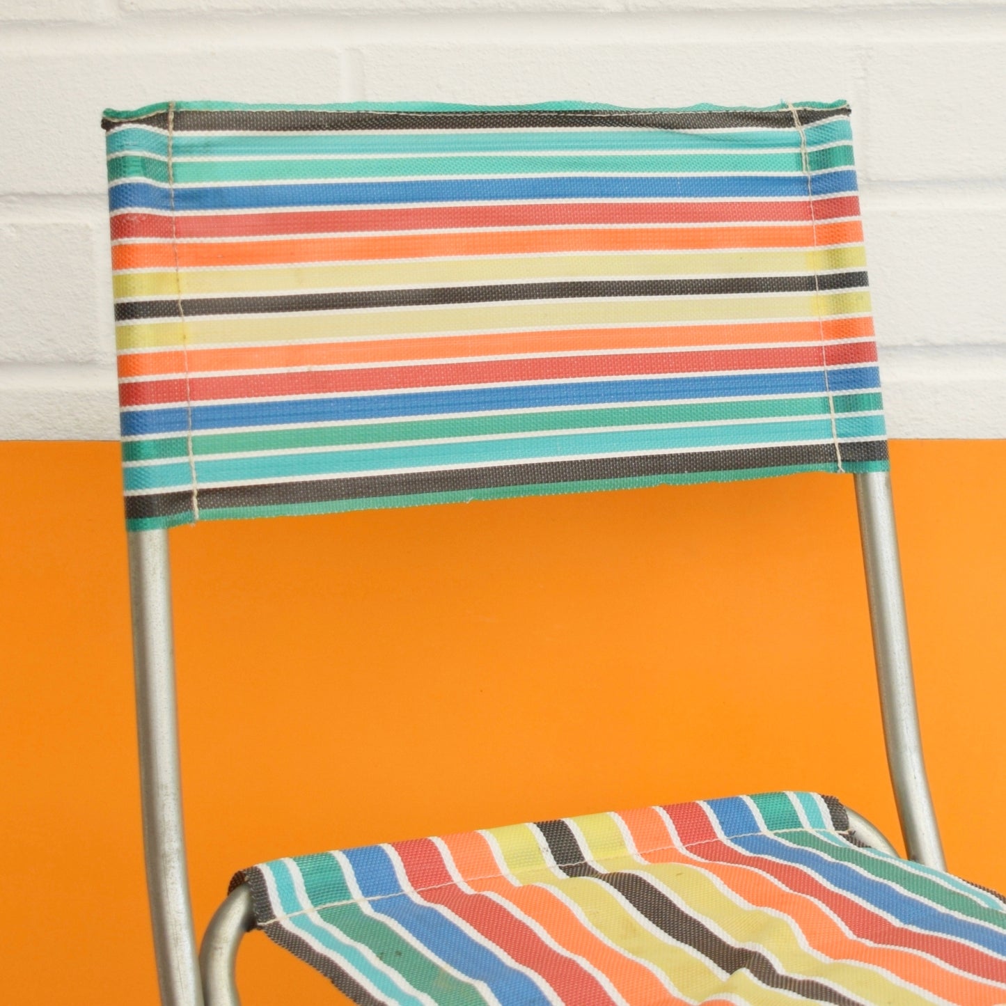 Vintage 1960s Striped Nylon Folding Stool / Chair - Rainbow