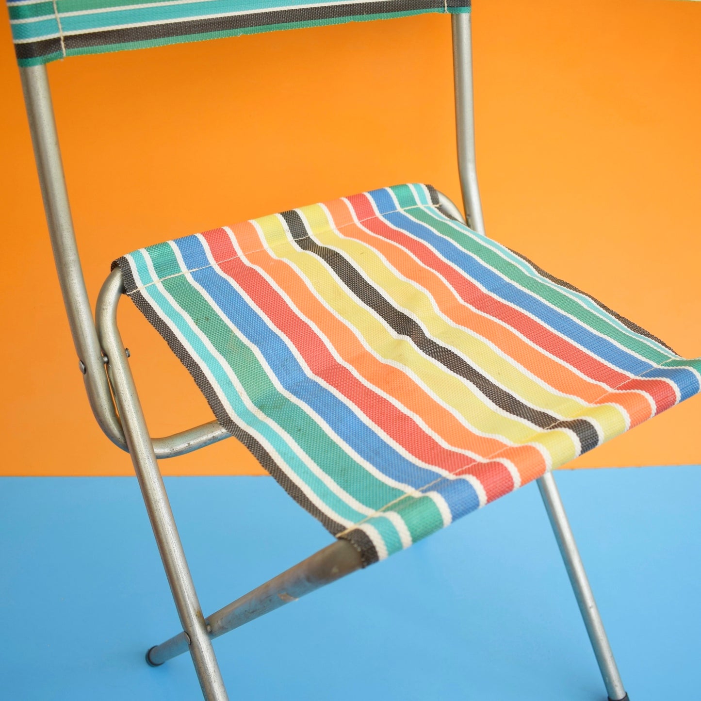 Vintage 1960s Striped Nylon Folding Stool / Chair - Rainbow