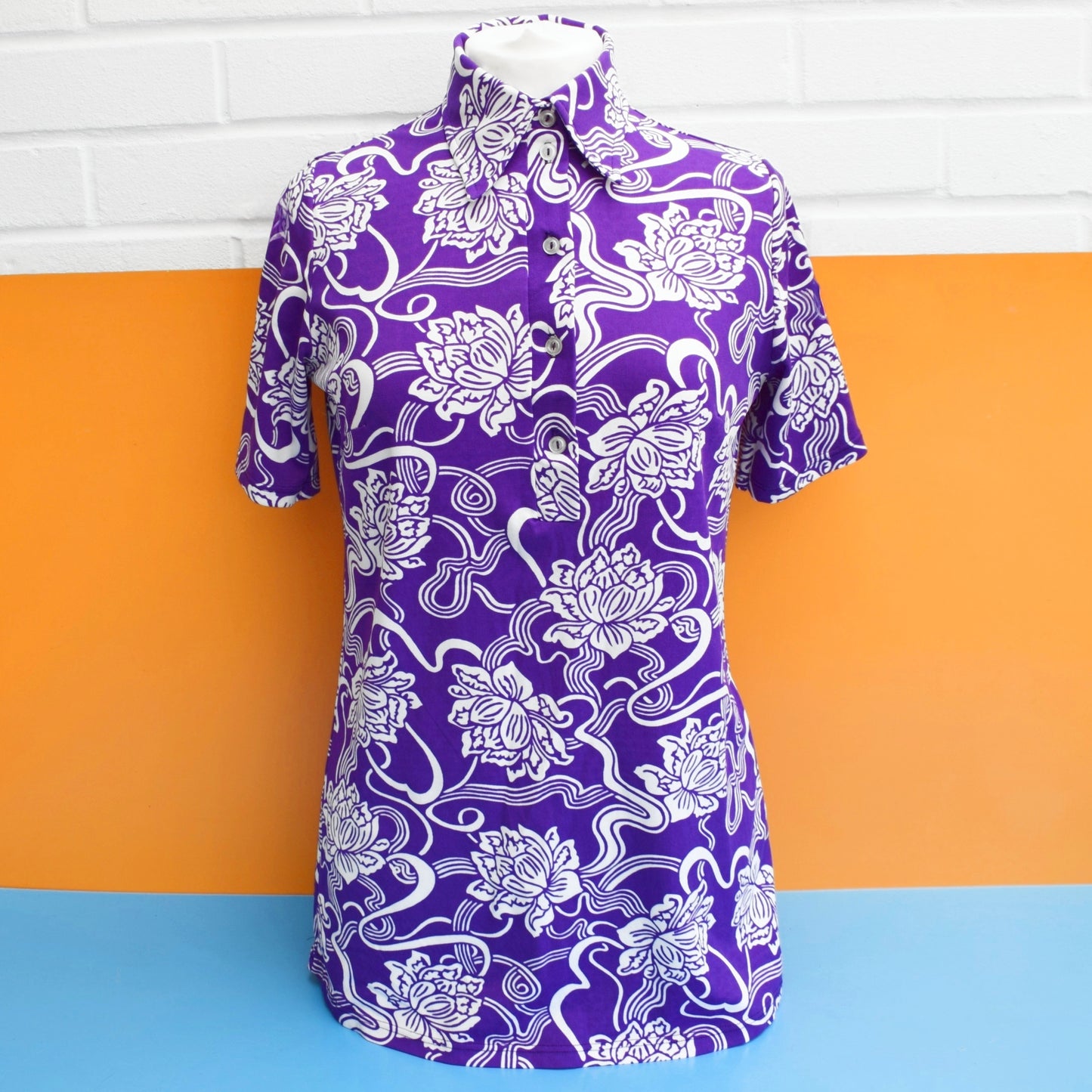 Vintage 1970s Vibrant Purple & White Lotus Top - Miss Ladybird by Pineapple Retro