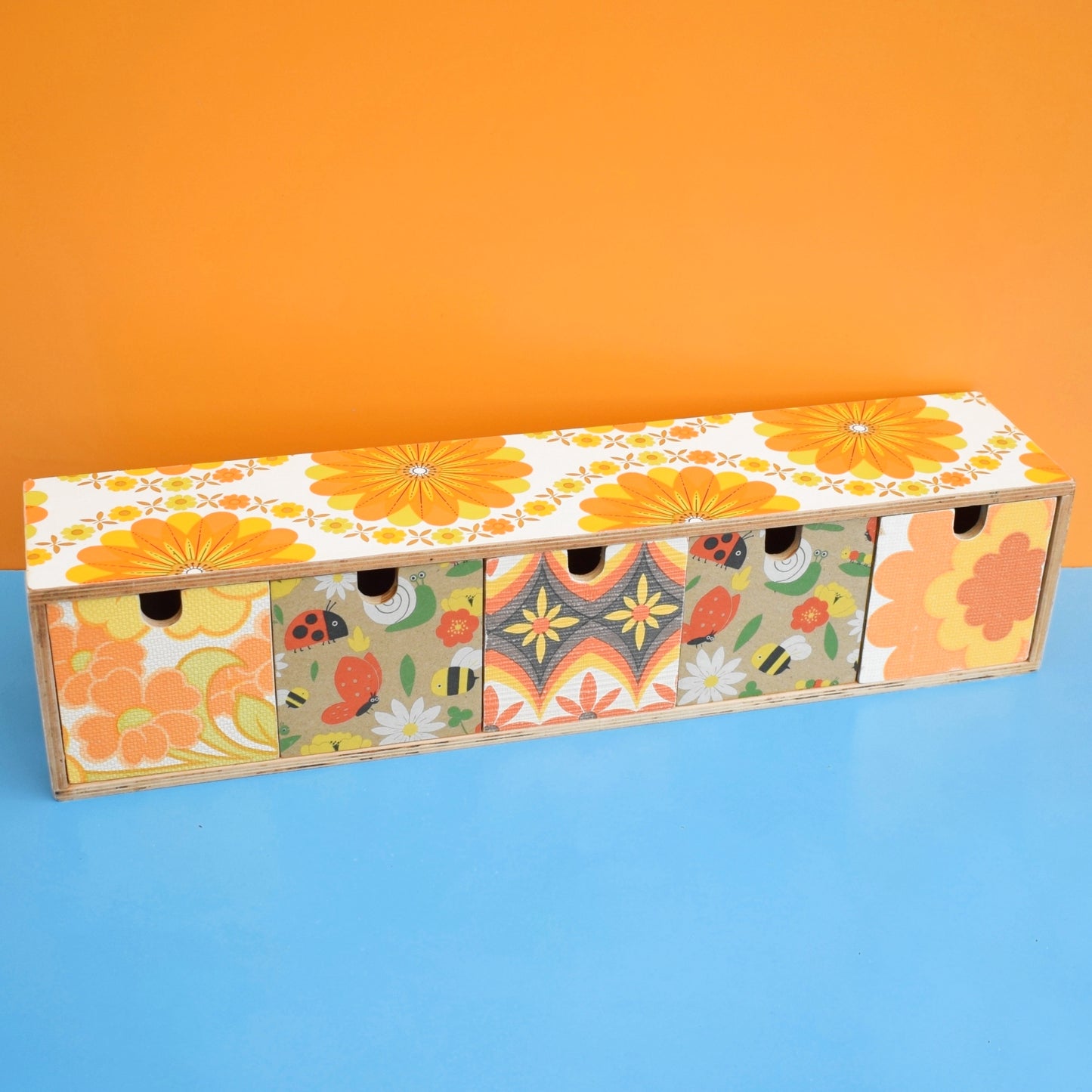 Retro Wooden Long Drawer Unit - Vintage Wallpapers - Patchwork