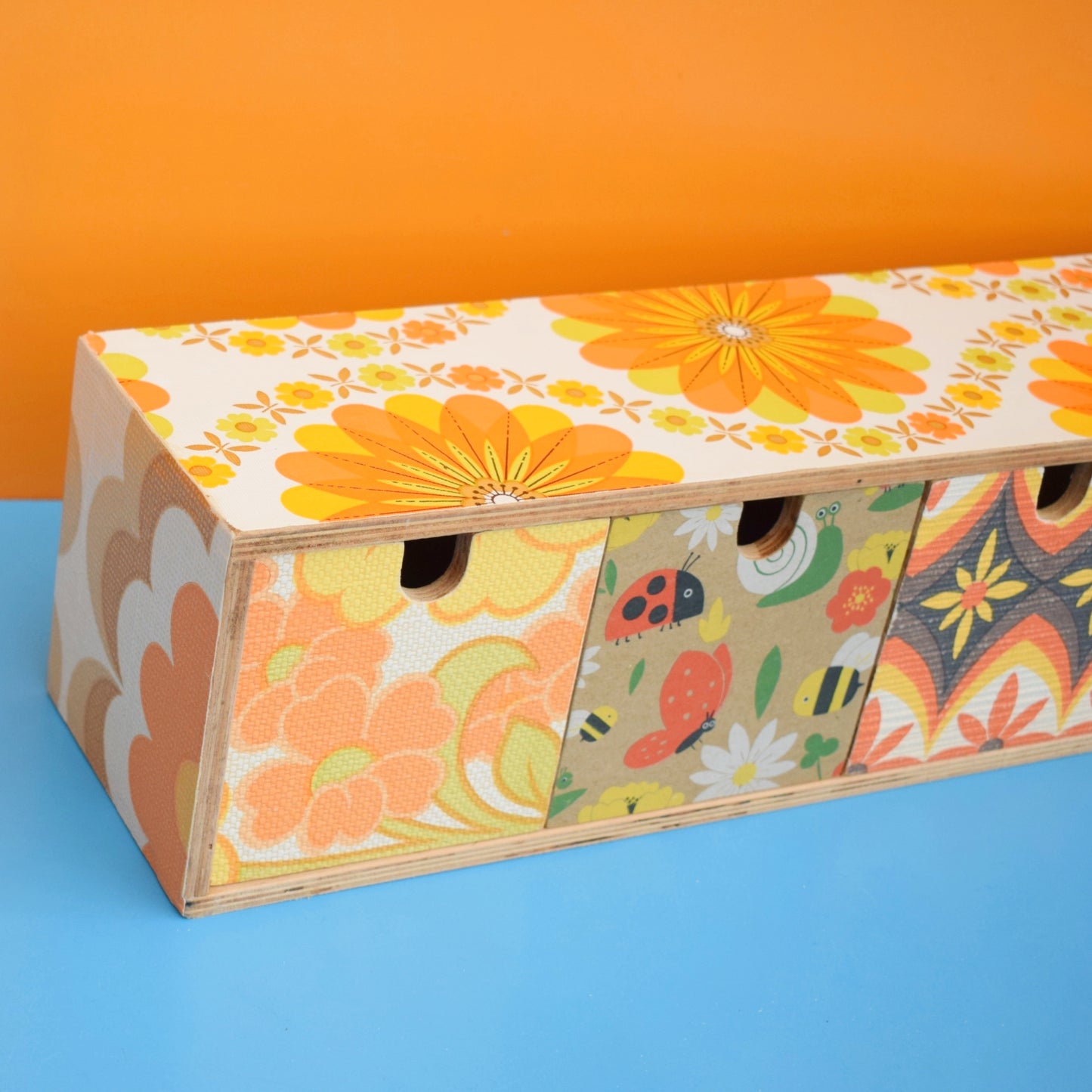 Retro Wooden Long Drawer Unit - Vintage Wallpapers - Patchwork