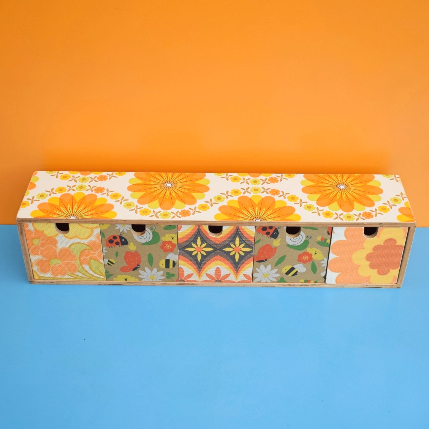 Retro Wooden Long Drawer Unit - Vintage Wallpapers - Patchwork