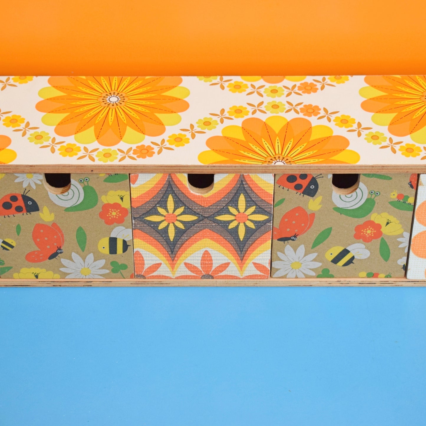 Retro Wooden Long Drawer Unit - Vintage Wallpapers - Patchwork