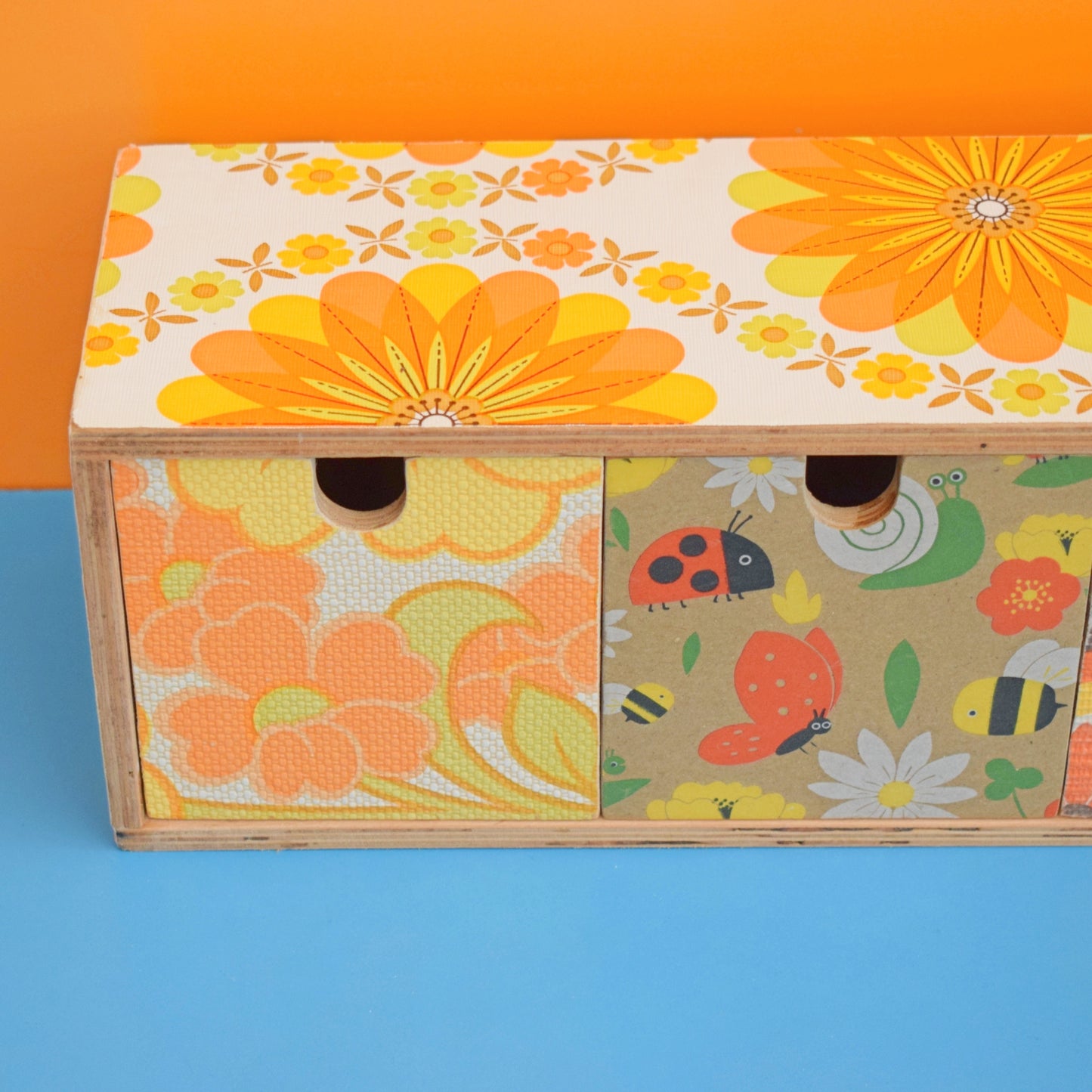 Retro Wooden Long Drawer Unit - Vintage Wallpapers - Patchwork