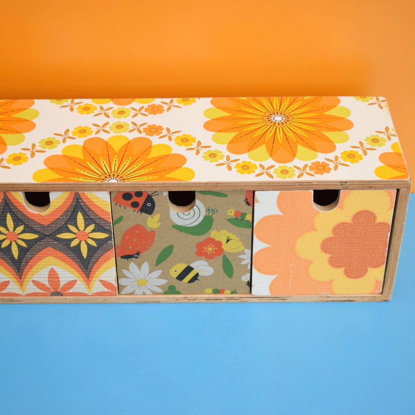 Retro Wooden Long Drawer Unit - Vintage Wallpapers - Patchwork