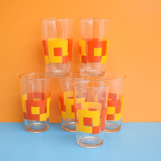Vintage 1970s Glass Set - Geometric Design, Orange & Yellow
