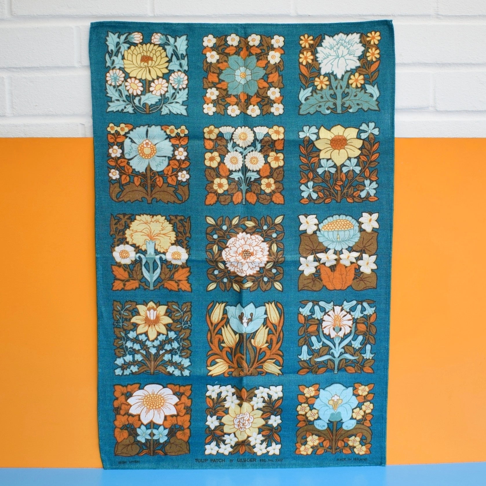 Vintage 1970s Tea Towel - Teal - Tulip Patch By Ulster by Vintage