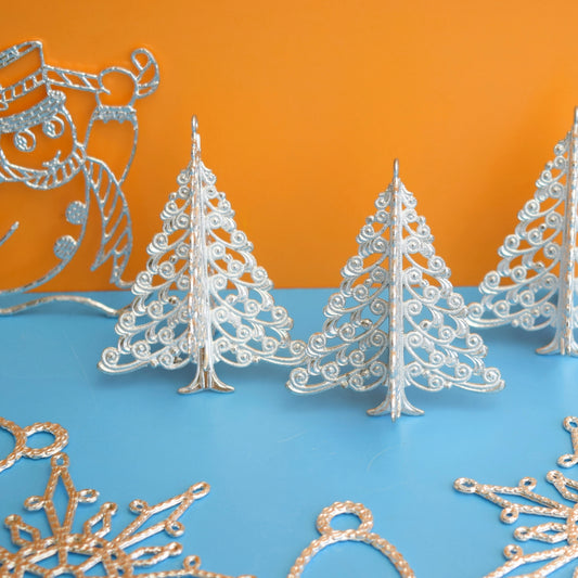 Vintage 1970s Plastic Trees & 2D Festive Shaped Christmas Decorations - Silver by Pineapple Retro