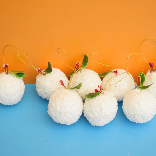 Vintage 1970s Glittery Snowball Christmas Baubles - White x8 by Pineapple Retro