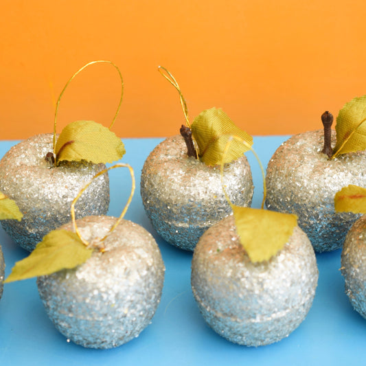 Vintage 1970s Silver Glitter Apple Christmas Baubles / Decorations x9 by Pineapple Retro