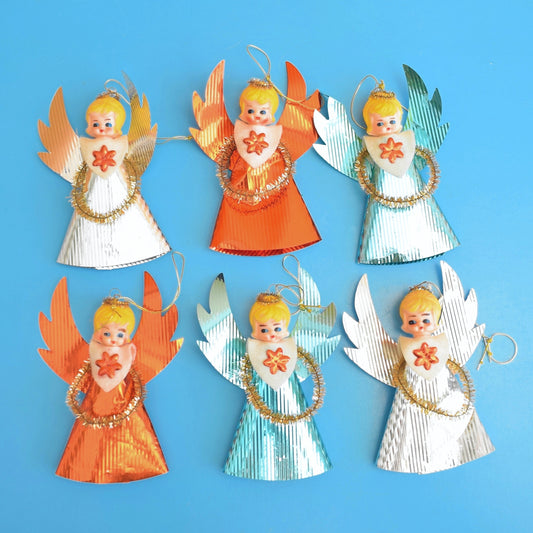 Vintage 1970s Kitsch Angel Decorations - Foil x6