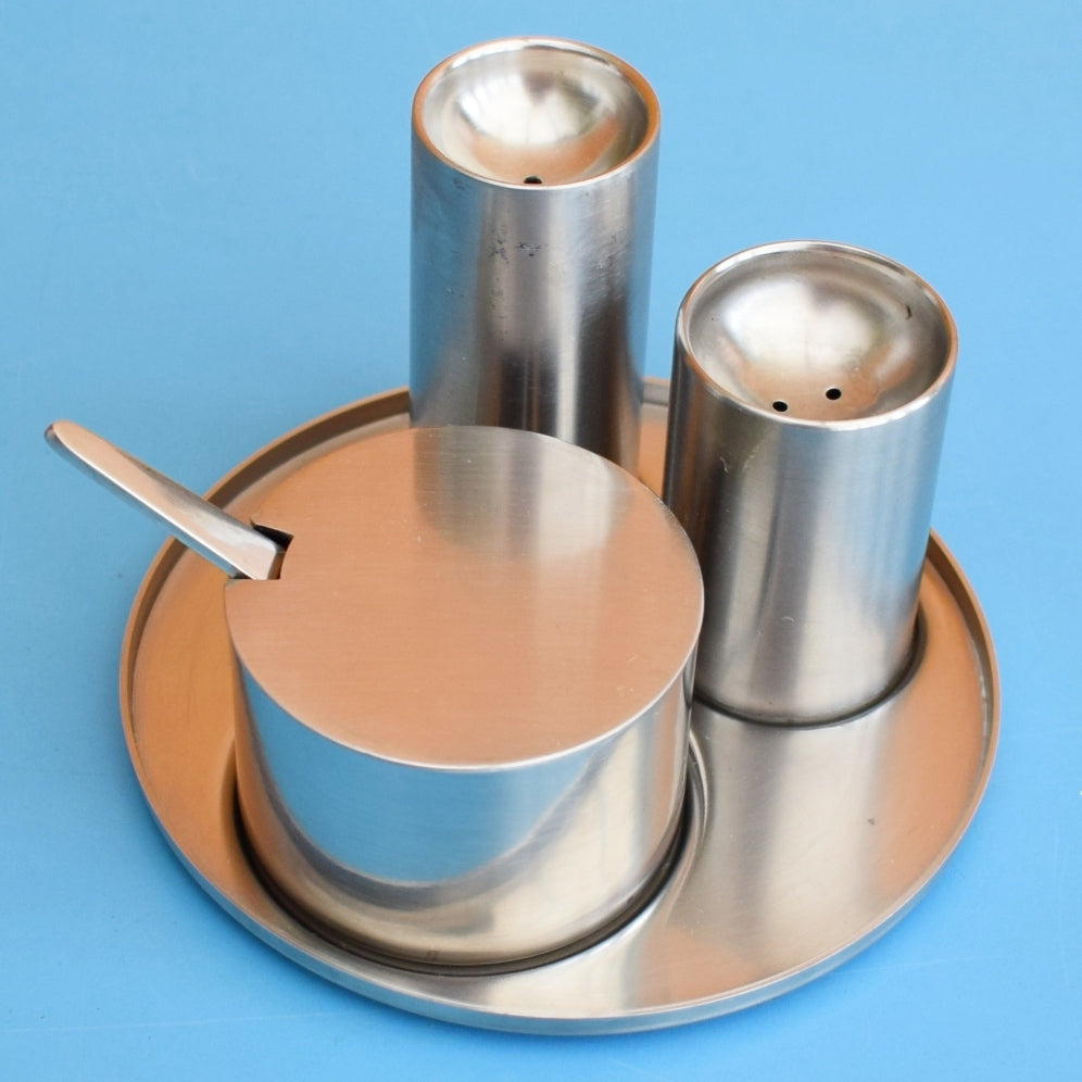 Vintage 1960s Stainless Steel Stelton Cylinda Line Danish Condiment Set
