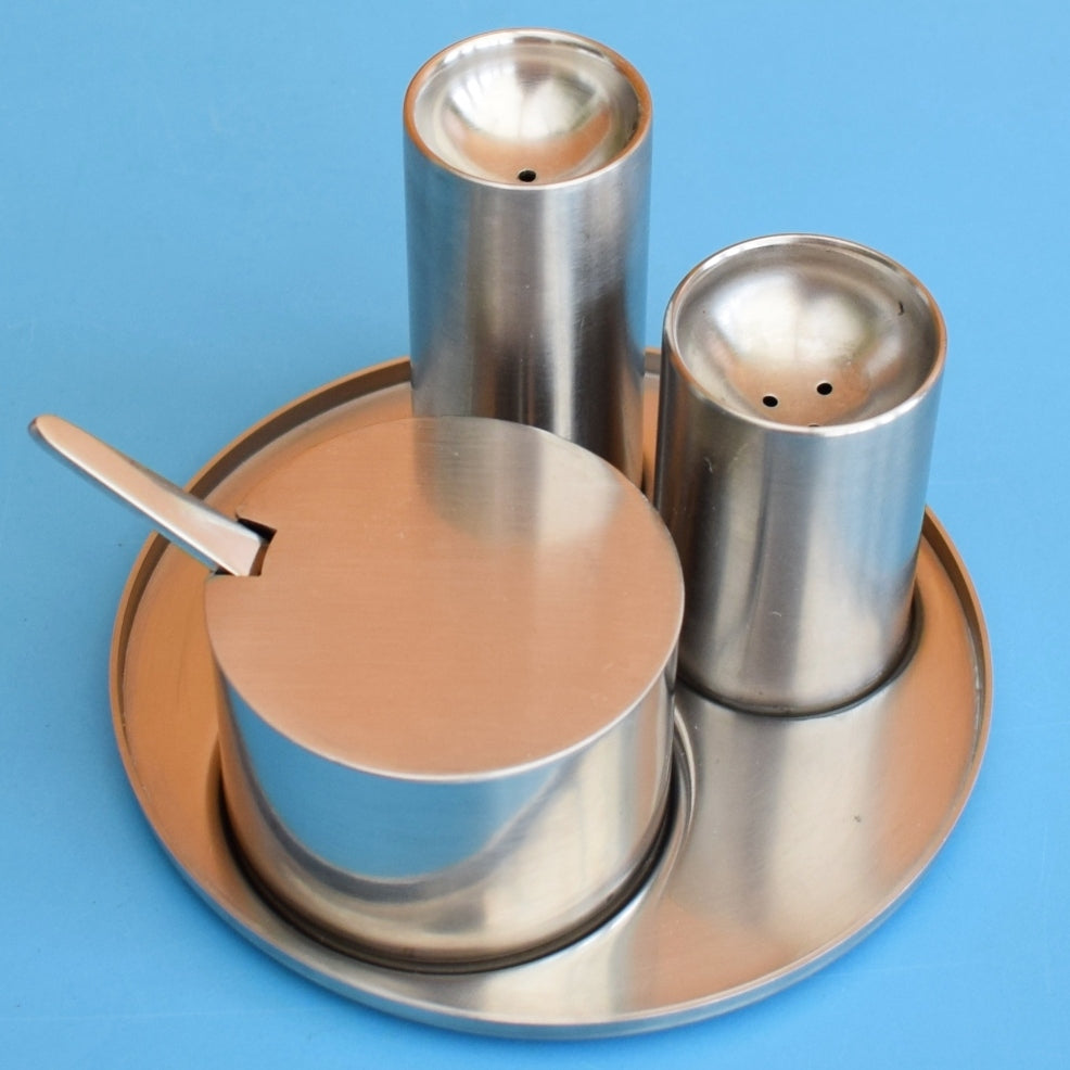 Vintage 1960s Stainless Steel Stelton Cylinda Line Danish Condiment Set