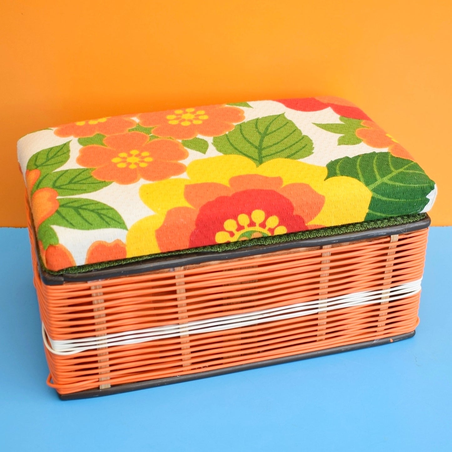 Vintage 1960s Sewing / Hobby Box - Flower Fabric- Orange