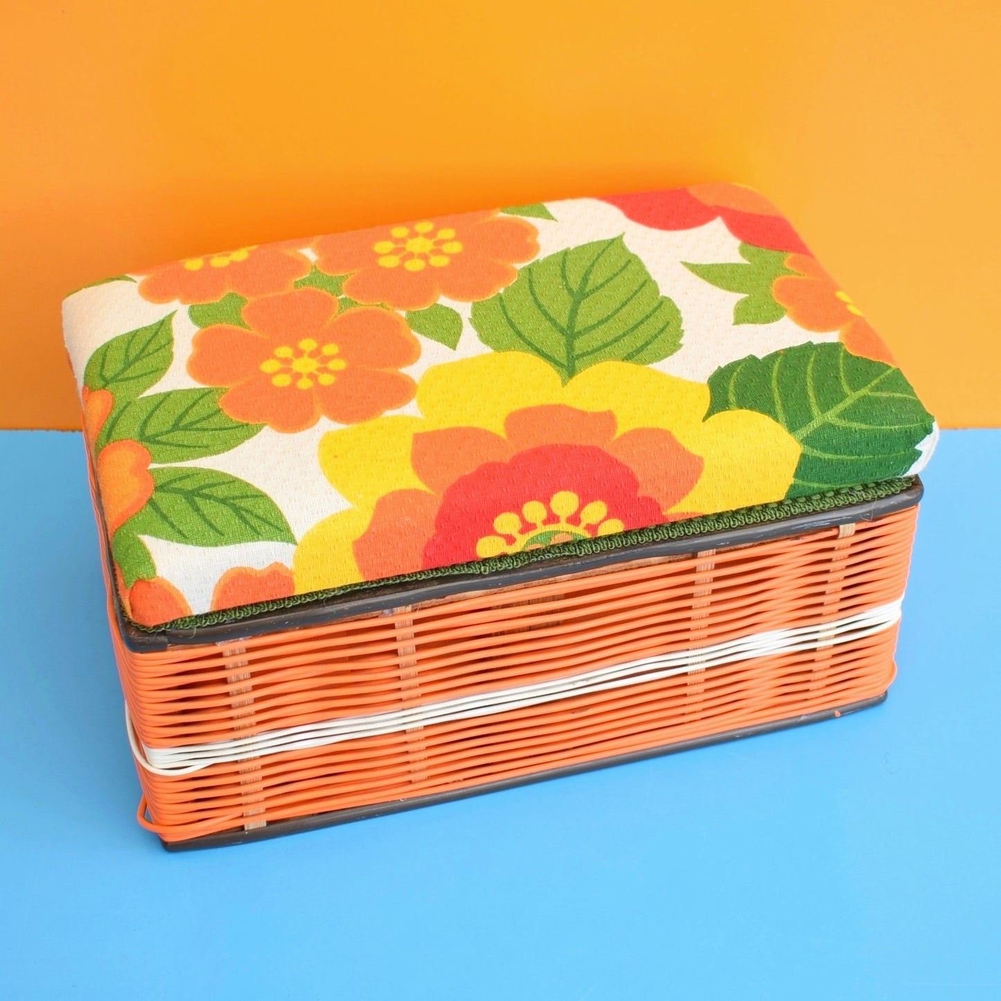 Vintage 1960s Sewing / Hobby Box - Flower Fabric- Orange