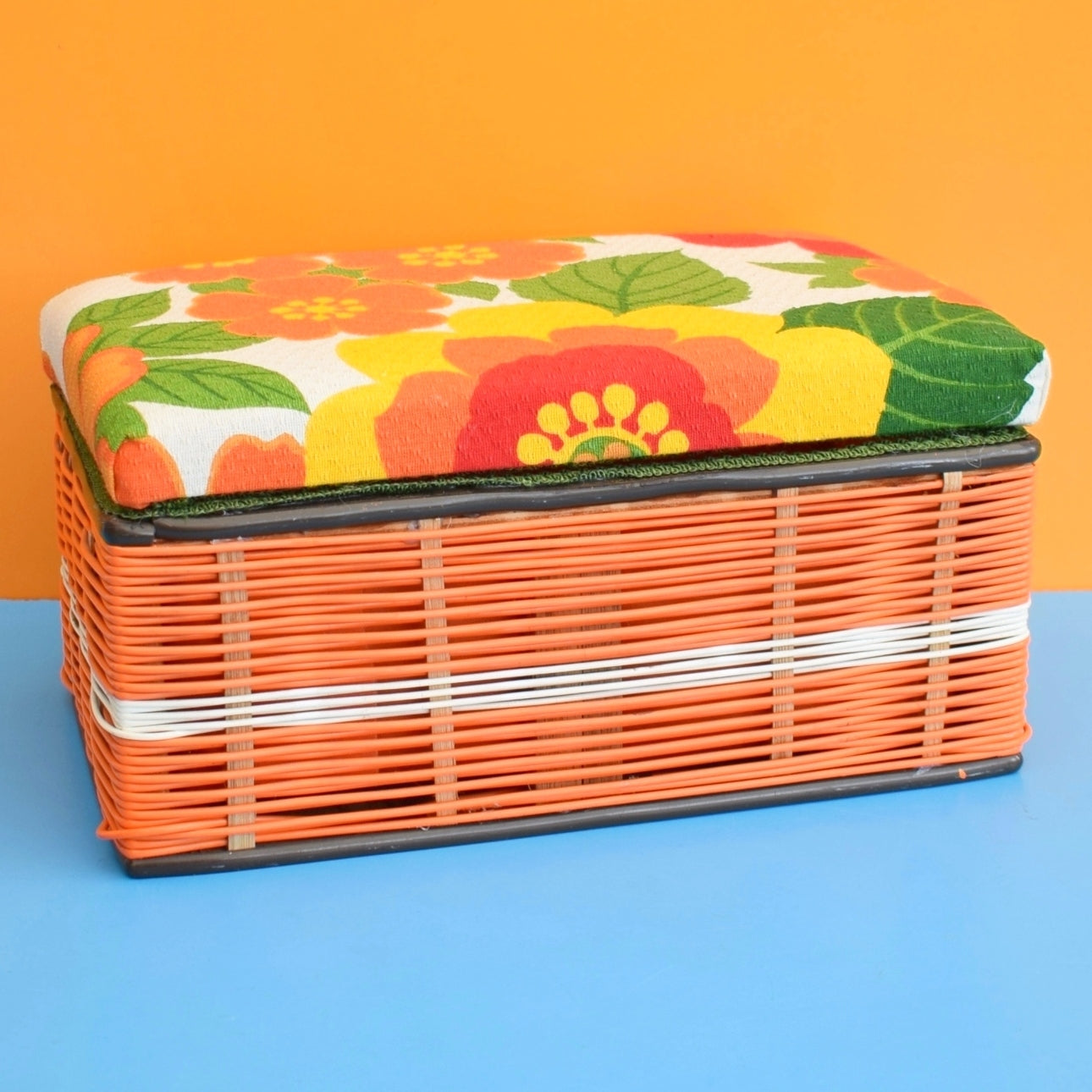 Vintage 1960s Sewing / Hobby Box - Flower Fabric- Orange