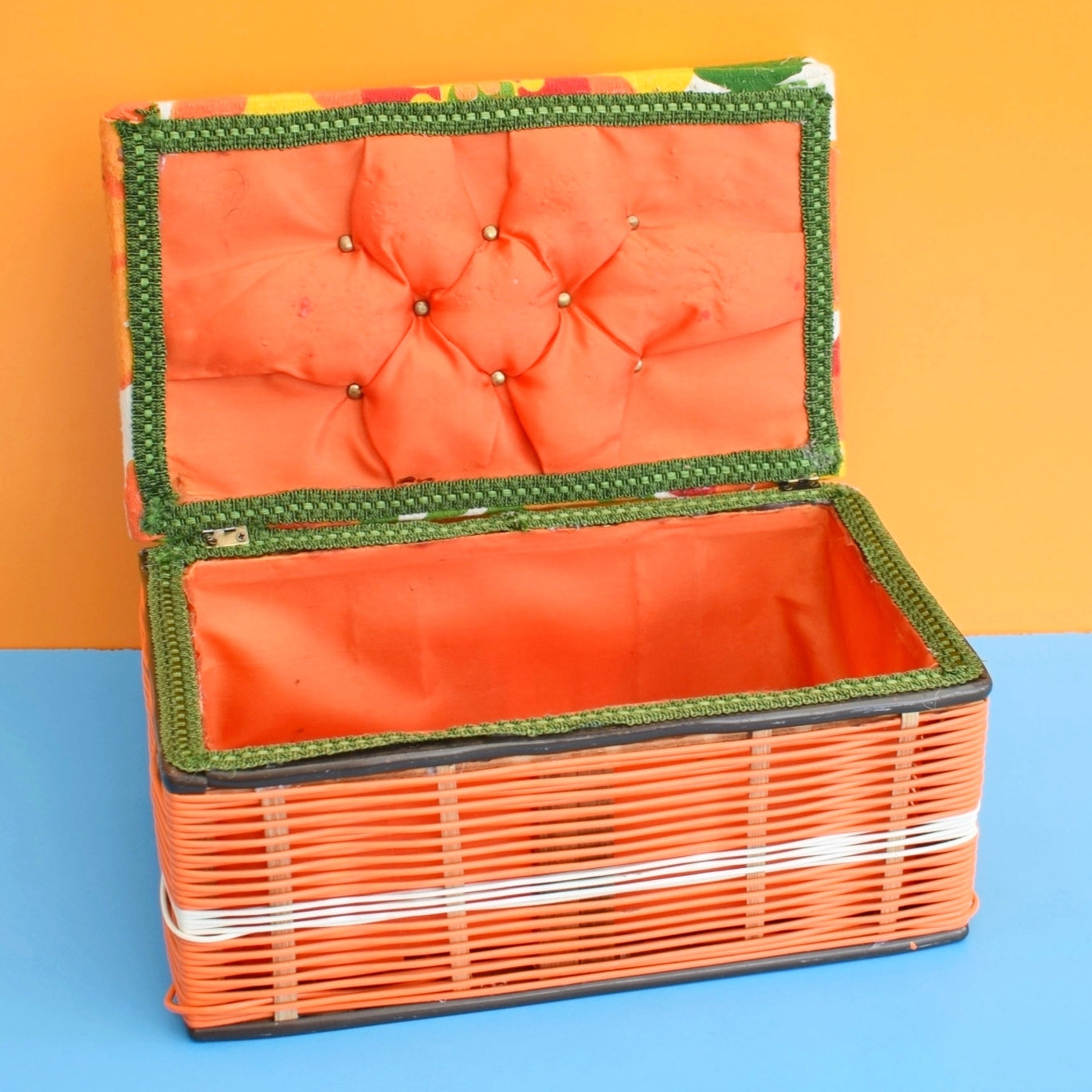 Vintage 1960s Sewing / Hobby Box - Flower Fabric- Orange