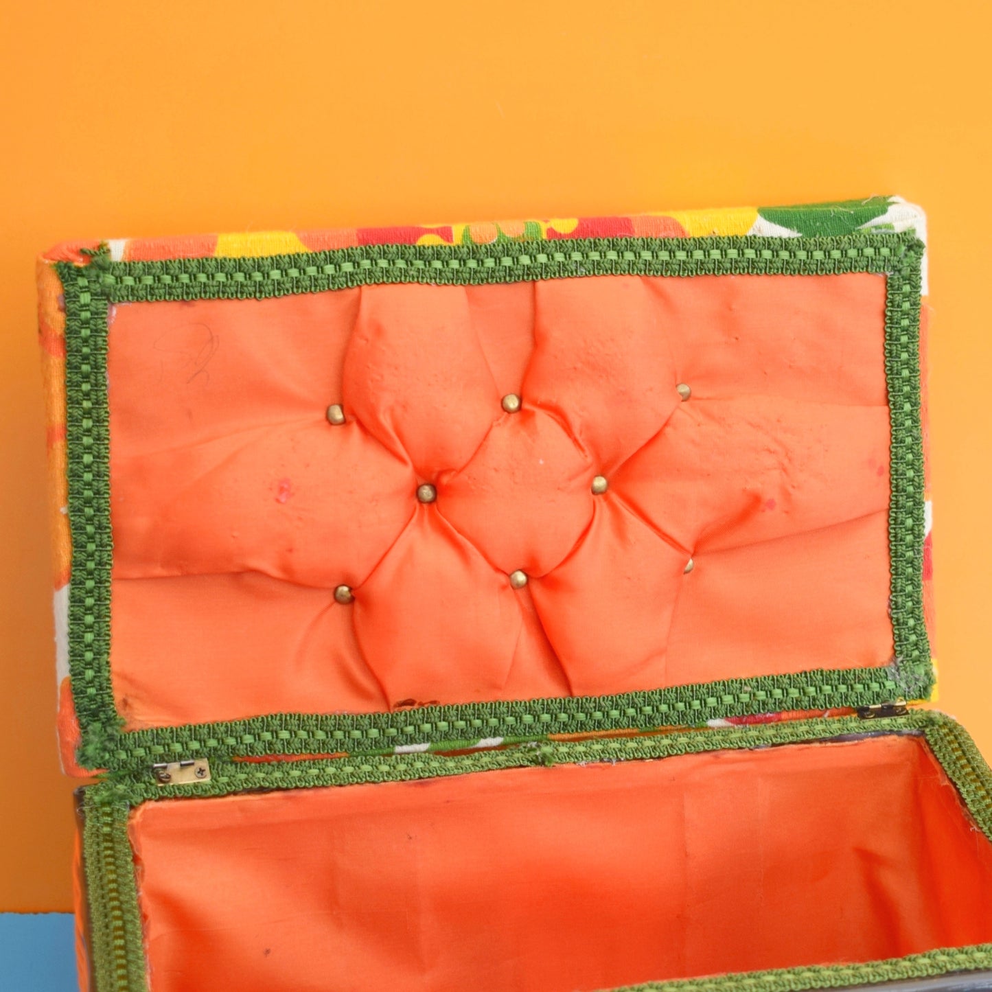 Vintage 1960s Sewing / Hobby Box - Flower Fabric- Orange