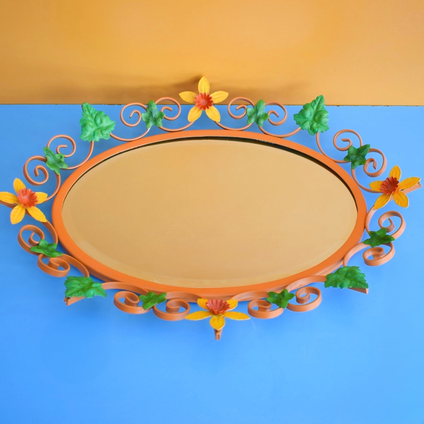 Vintage 1960s Oval Flower Mirror - Yellow & Orange Daffodils