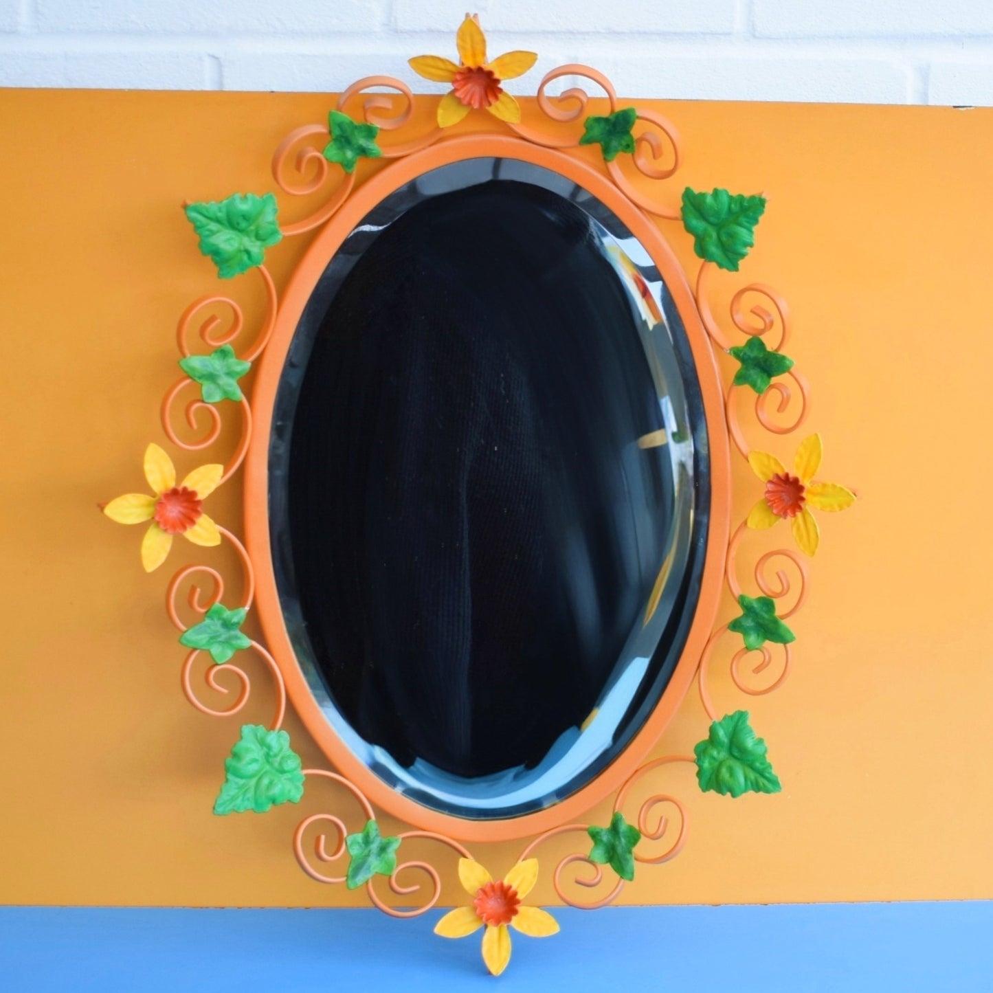 Vintage 1960s Oval Flower Mirror - Yellow & Orange Daffodils