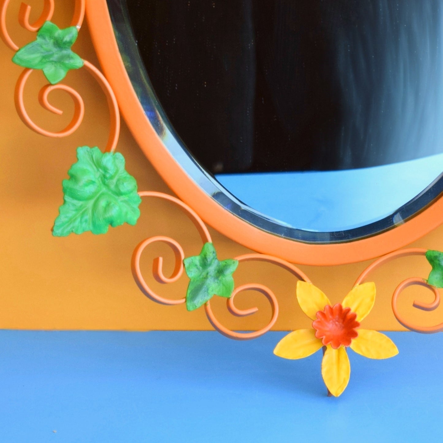 Vintage 1960s Oval Flower Mirror - Yellow & Orange Daffodils