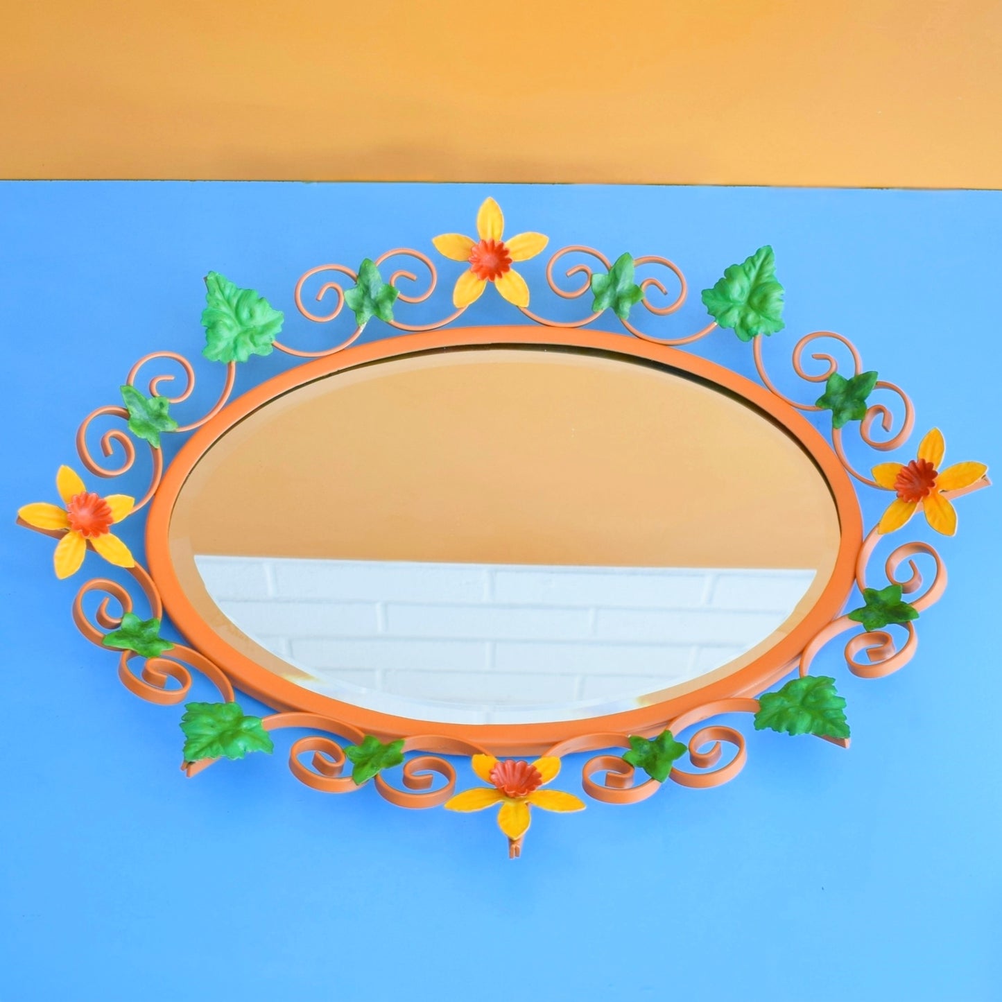 Vintage 1960s Oval Flower Mirror - Yellow & Orange Daffodils