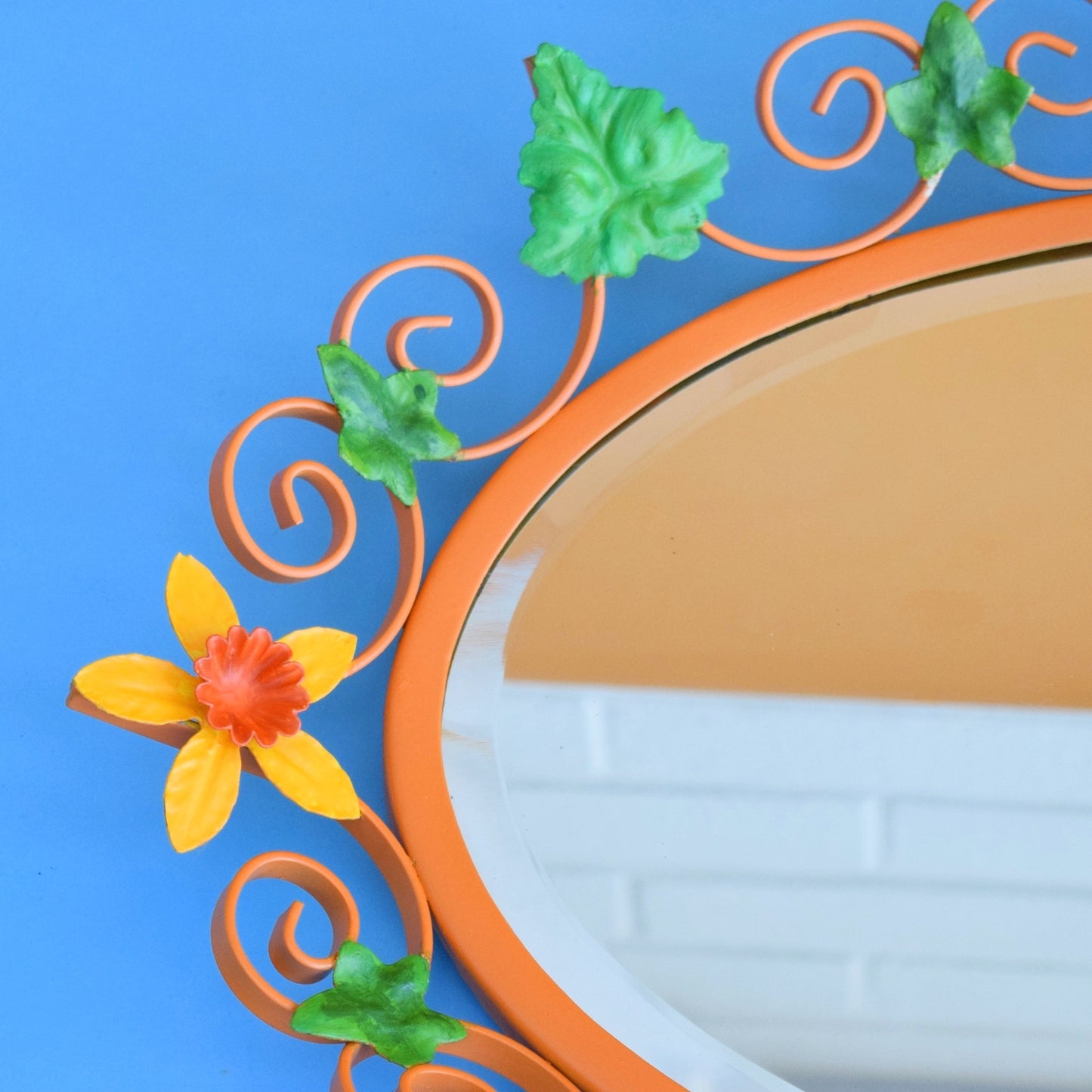 Vintage 1960s Oval Flower Mirror - Yellow & Orange Daffodils