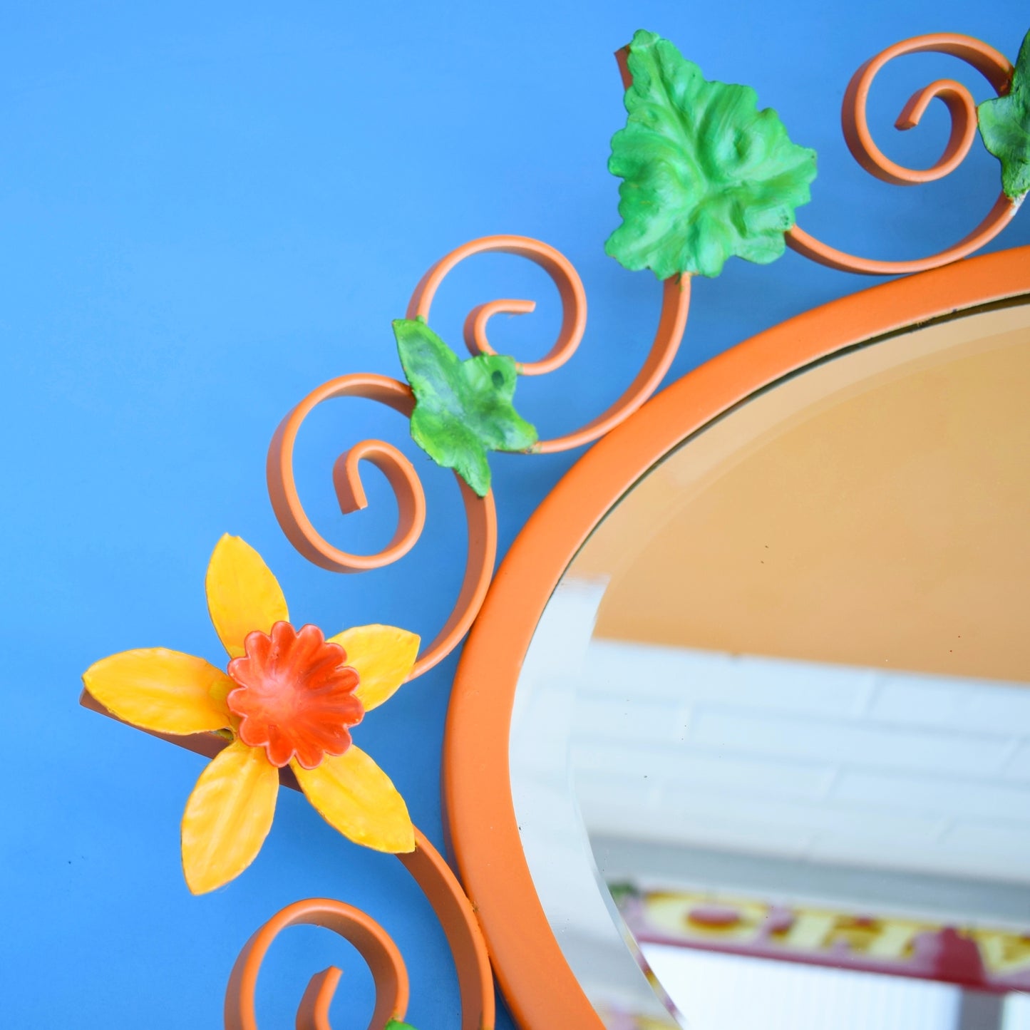 Vintage 1960s Oval Flower Mirror - Yellow & Orange Daffodils