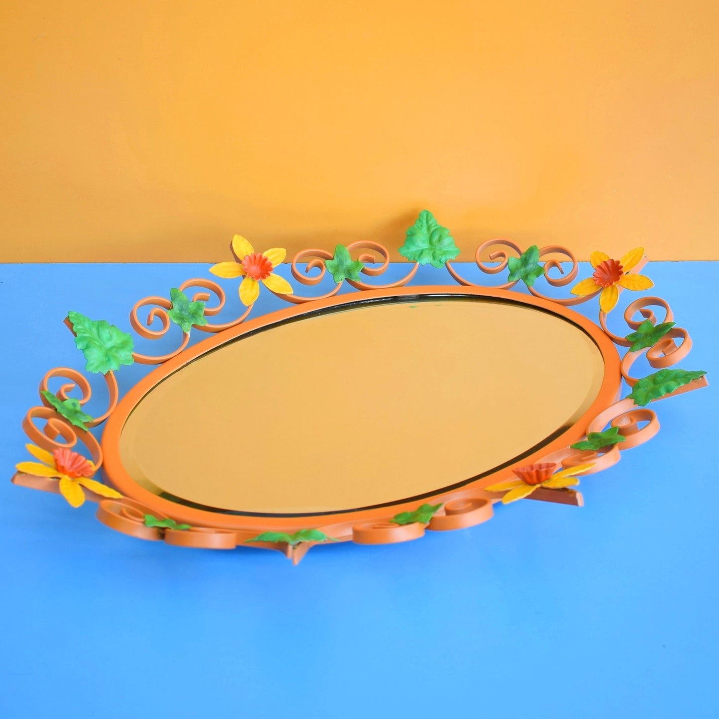 Vintage 1960s Oval Flower Mirror - Yellow & Orange Daffodils