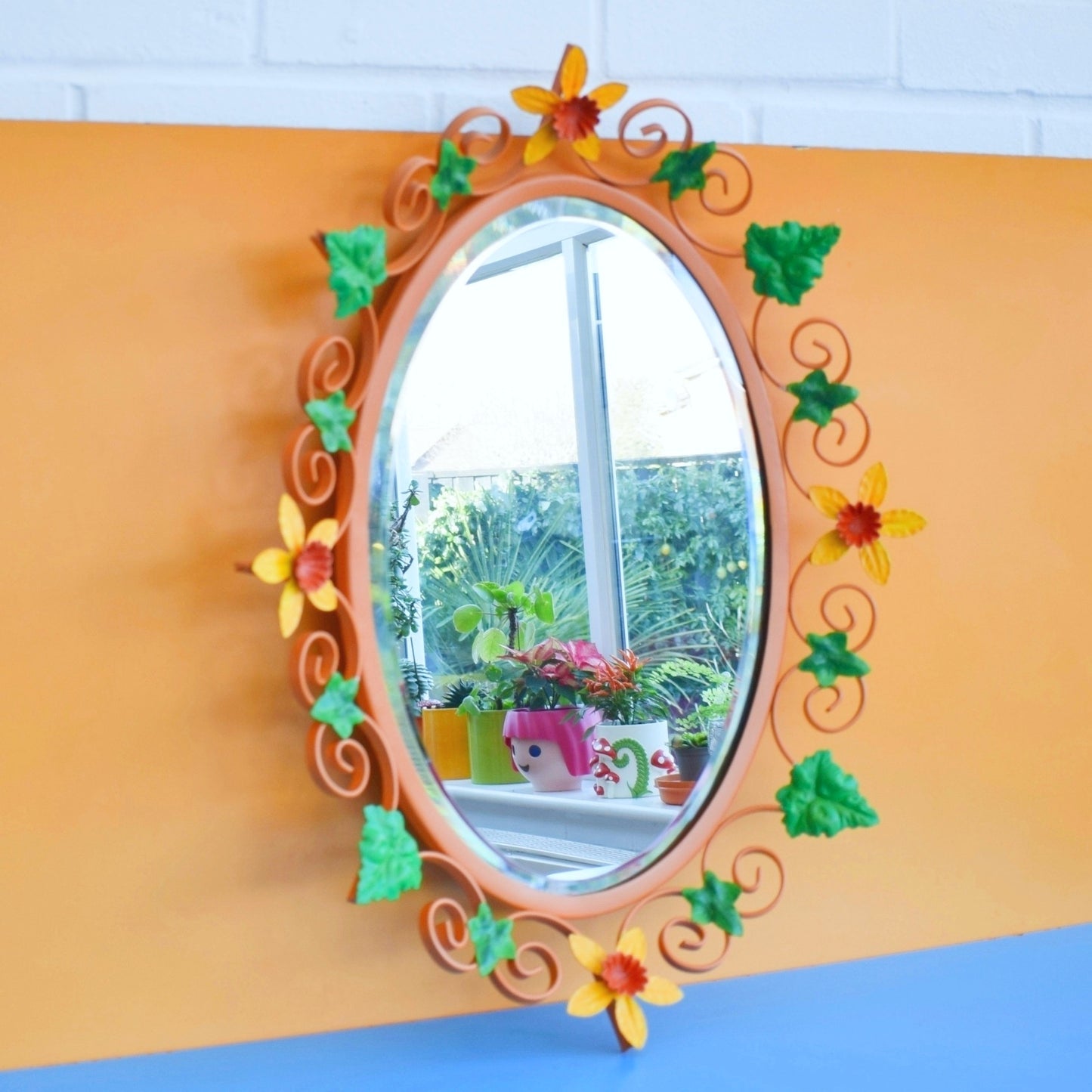 Vintage 1960s Oval Flower Mirror - Yellow & Orange Daffodils