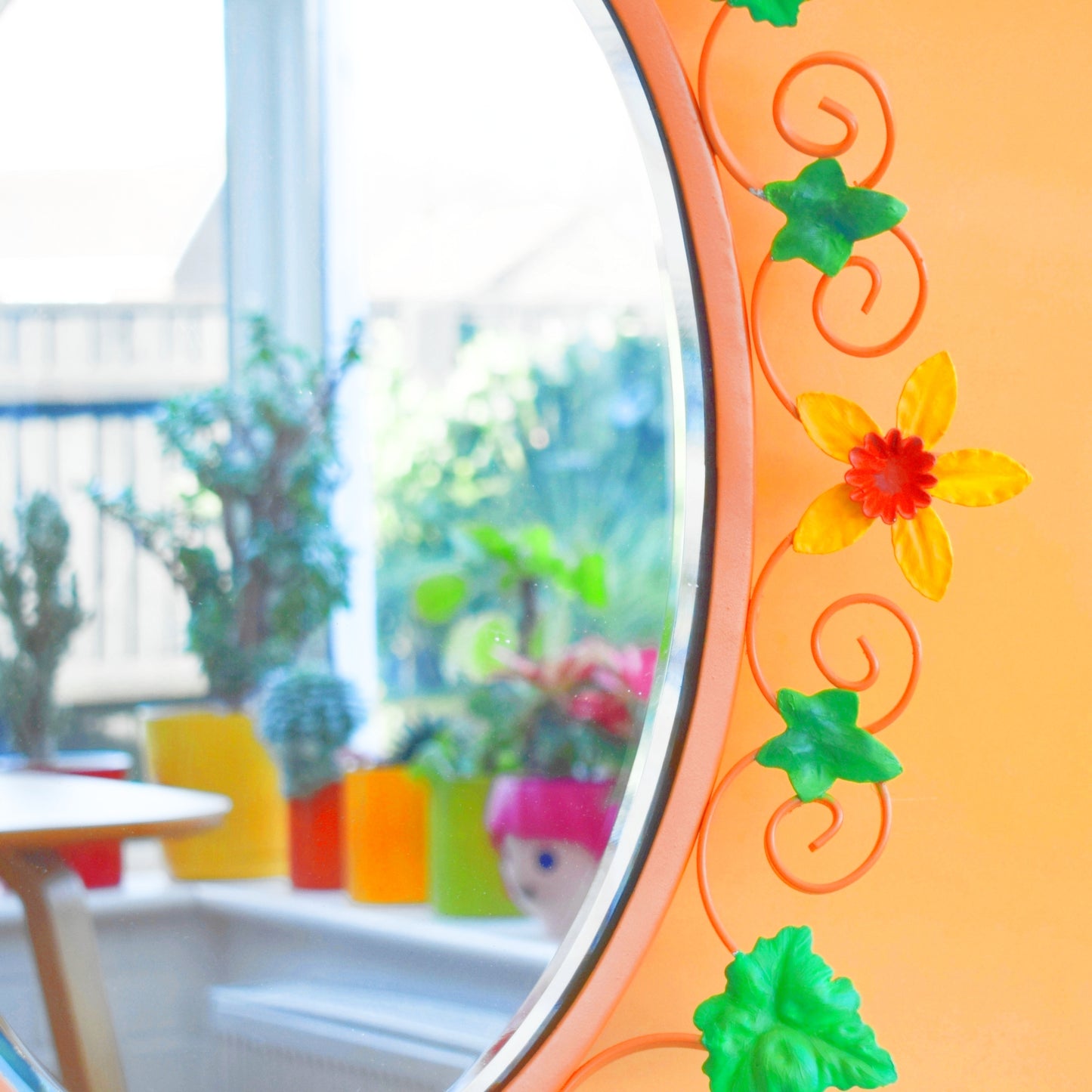 Vintage 1960s Oval Flower Mirror - Yellow & Orange Daffodils