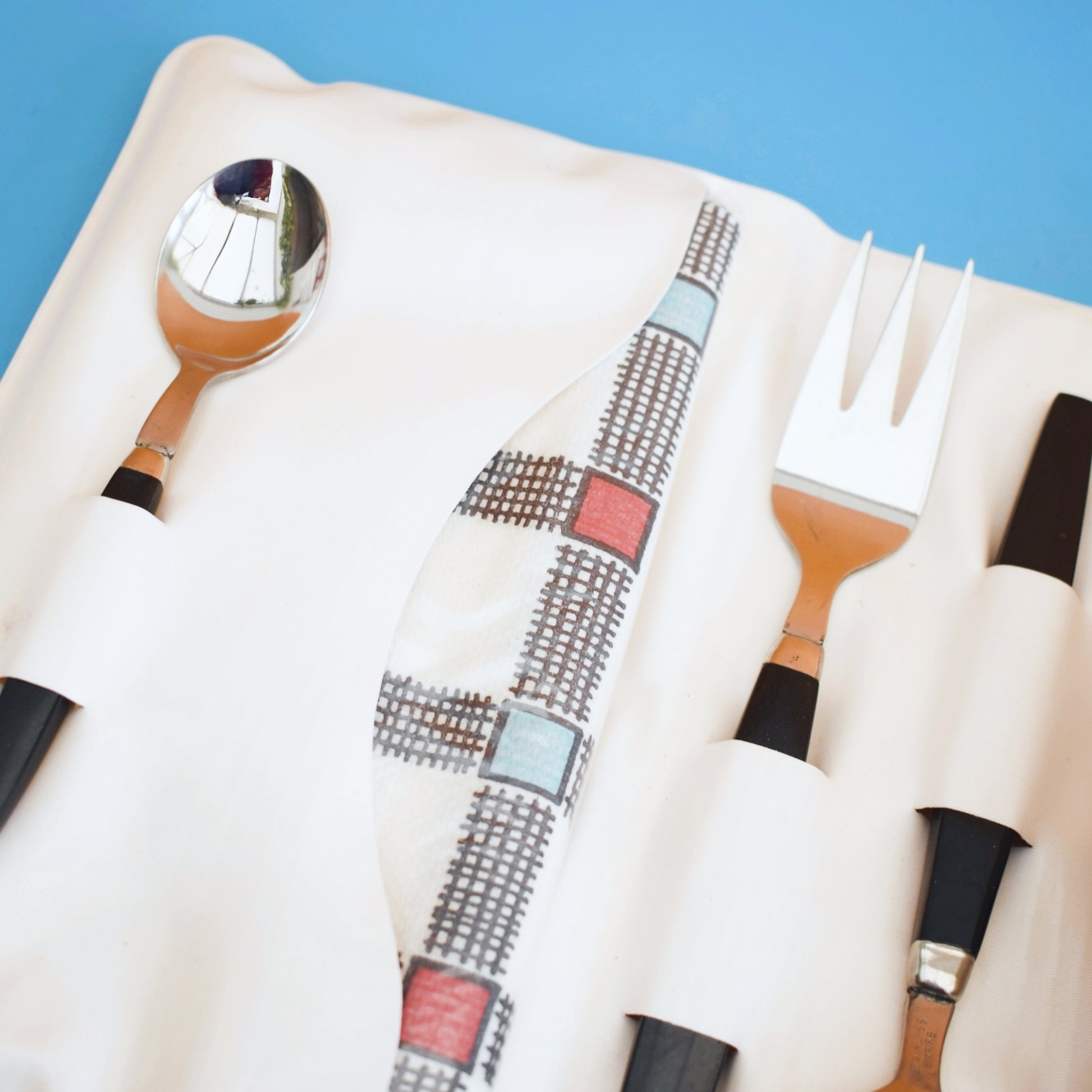 Vintage 1960s Cutlery Set Rolls - Vinyl Case & Original Napkins by Vintage