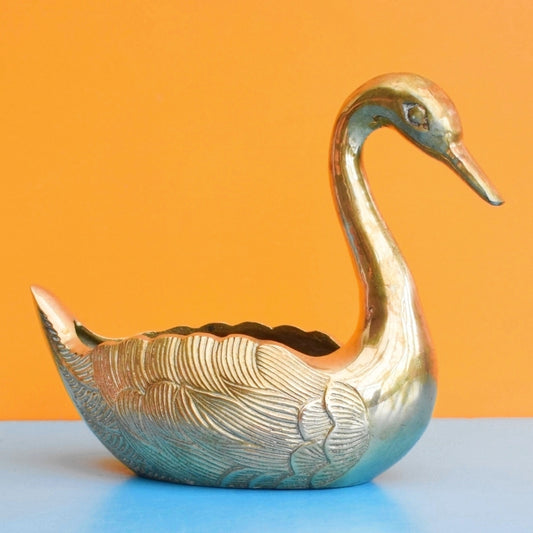 Vintage 1970s Brass Metal Swan Planter - Kitsch