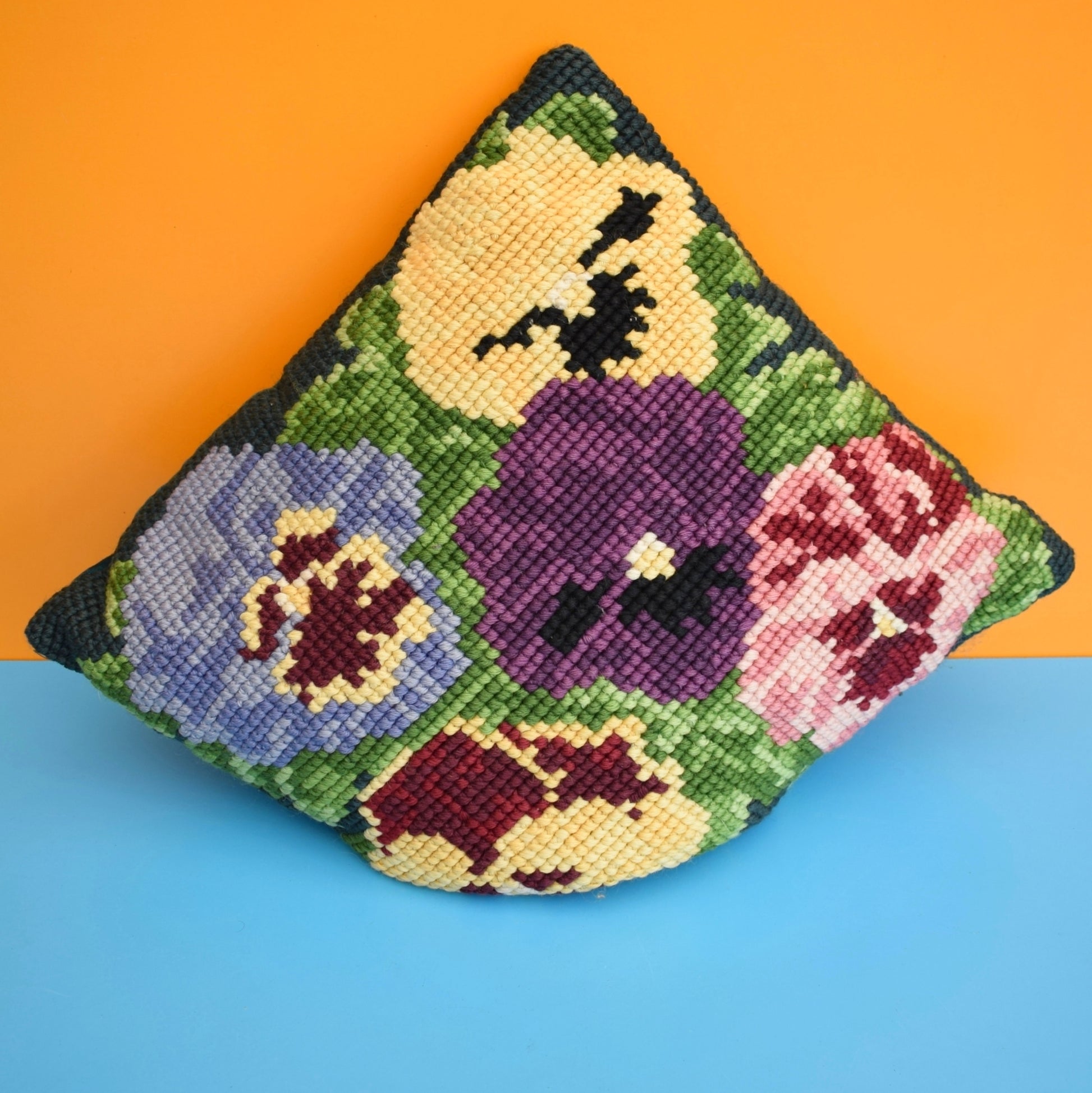 Vintage 1960s Tapestry Cushion - Beautiful Pansy Design by Vintage