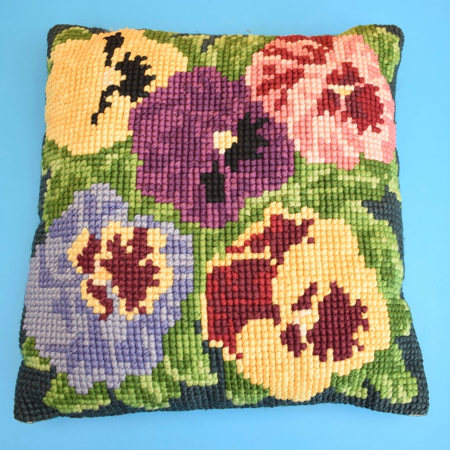 Vintage 1960s Tapestry Cushion - Beautiful Pansy Design by Vintage