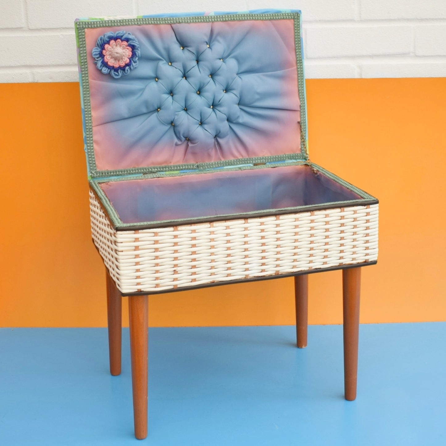 Vintage 1960s Sewing / Hobby Box - Green, Blue & Lilac Fabric