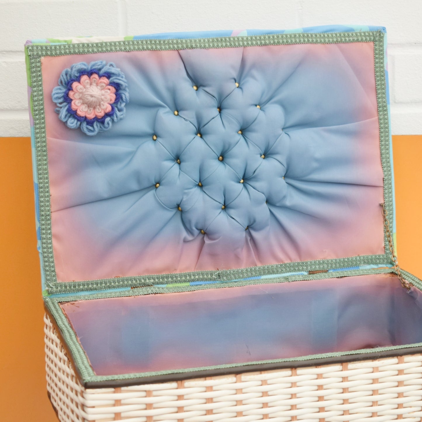 Vintage 1960s Sewing / Hobby Box - Green, Blue & Lilac Fabric